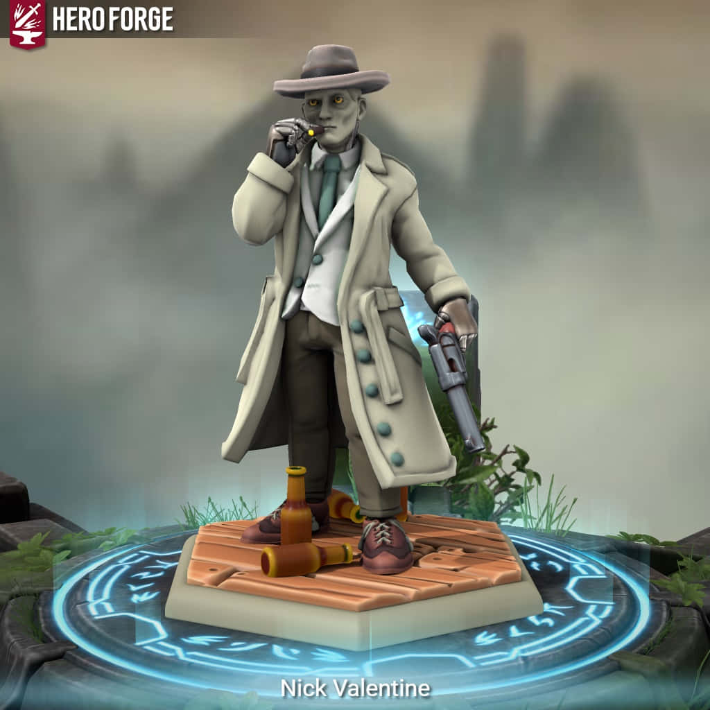 Nick Valentine 桌布 壁紙 — 一個風格化的殭屍偵探穿著風衣和軟呢帽，在發光的魔法平台上抽雪茄，同時手持左輪手槍。