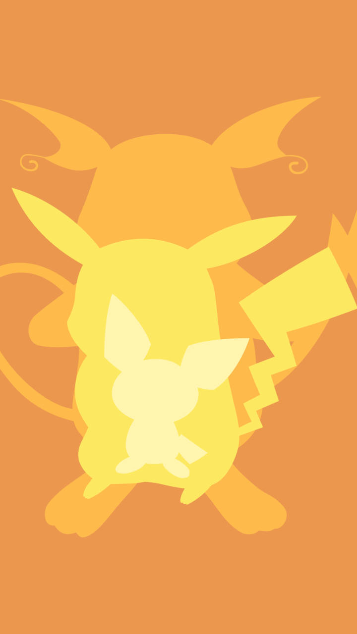 Pokemon 桌布 壁紙 — 一個風格化的比卡超剪影，在溫暖的橙色背景上發出鮮豔的黃色光芒。