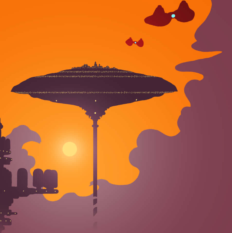 Bespin 桌布 壁紙 — 一個風格化的漂浮城市景觀，在日落時分，發光的球體和抽象形狀映襯著溫暖的橙色和紫色天空。