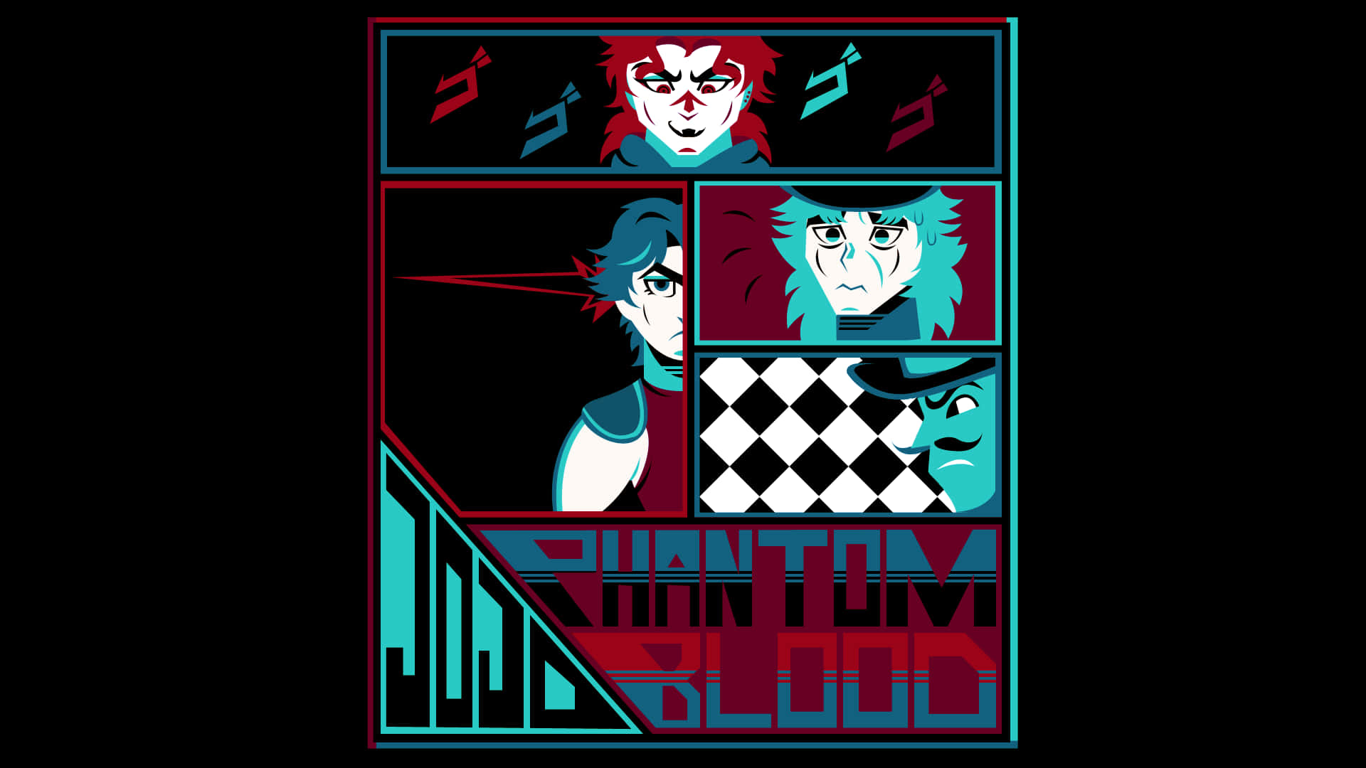 Phantom Blood 桌布 壁紙 — 一個風格化的漫畫面板，包含四個動漫角色，帶有紅色和藍綠色調，背景為黑色。