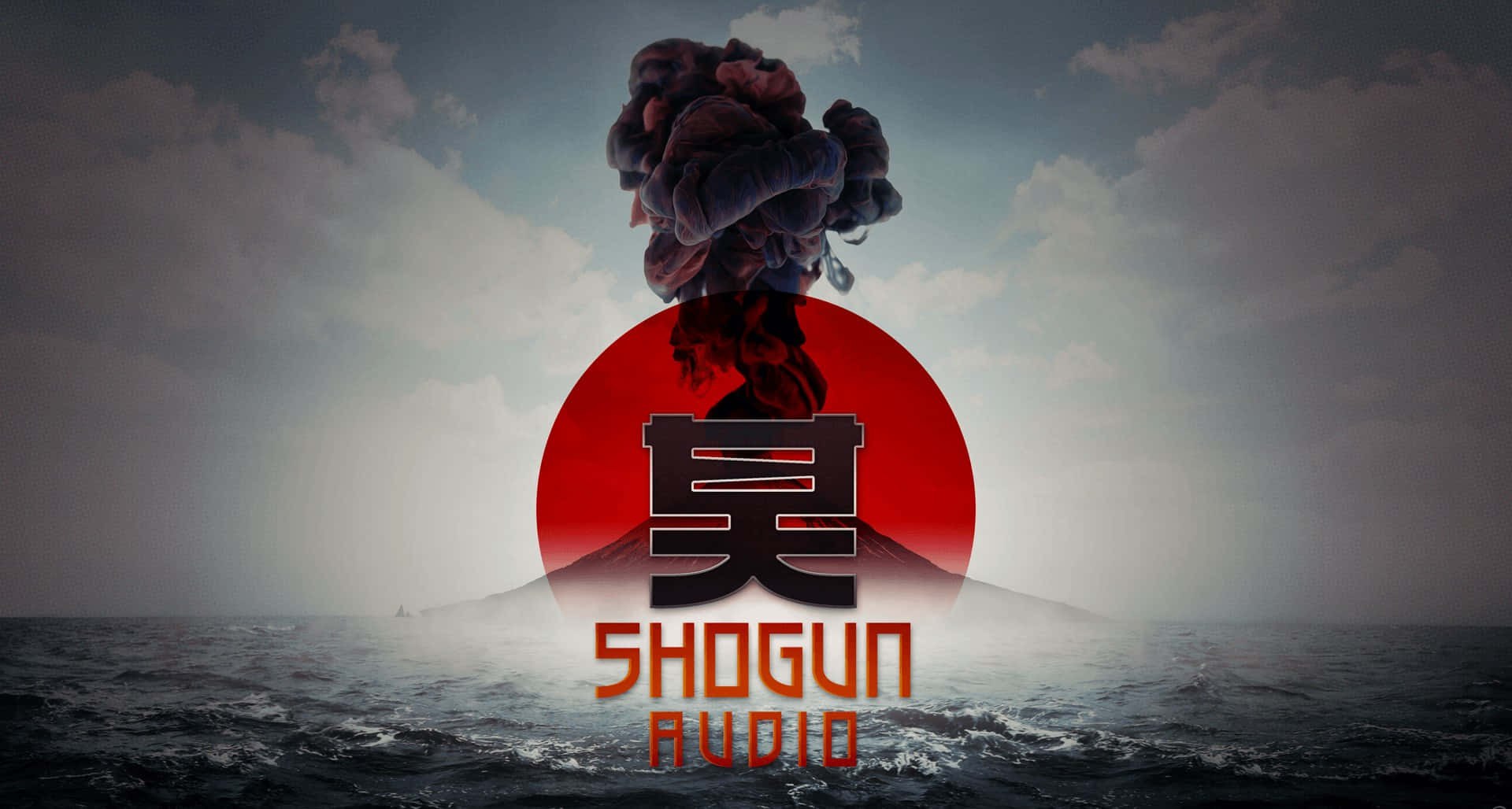 Shogun 桌布 壁紙 — 一個風格化的火山在紅色太陽背景下爆發，霧氣瀰漫的海洋上方有'SHOGUN AUDIO'文字。