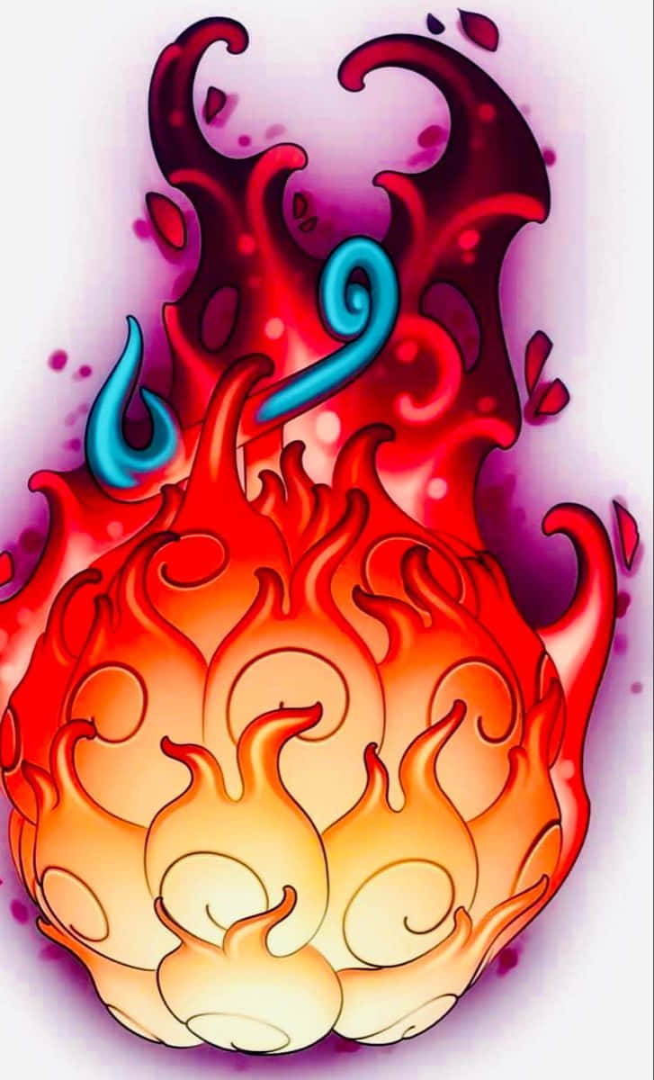 Gomu Gomu No Mi 桌布 壁紙 — 一個風格化的火球，帶有旋轉的紅橙色火焰和兩個藍色淚滴形狀，背景為紫色漸變。