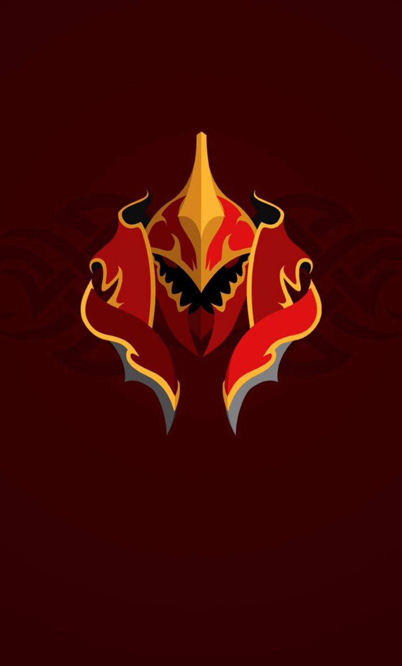 dota 2 iPhone 桌布 壁紙 — 一個風格化的火紅和金色頭盔，帶有黑色點綴，居中在深栗色背景上。