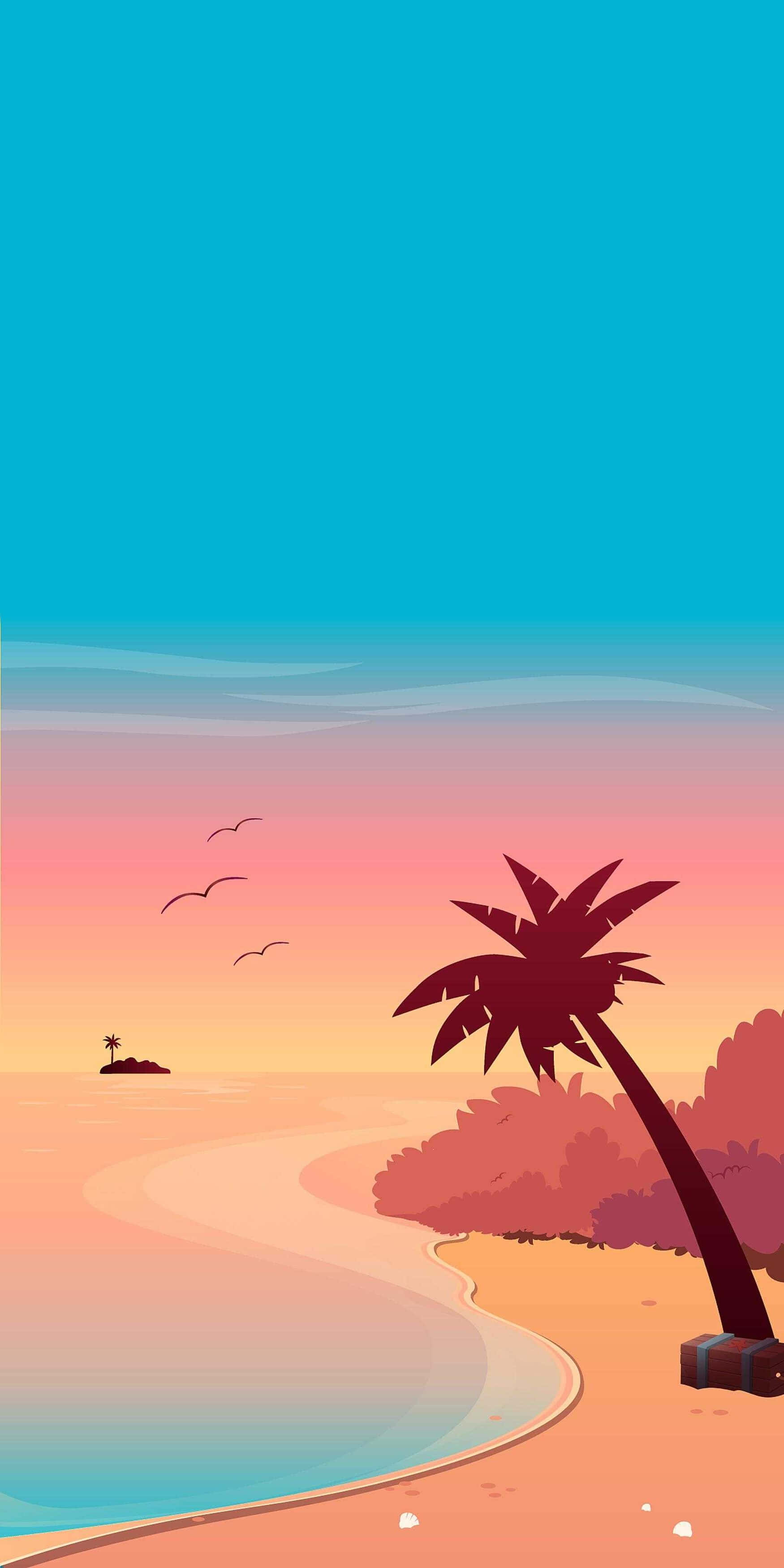 Vibes 桌布 壁紙 — 一個風格化的熱帶海灘日落，有一棵孤獨的棕櫚樹、沙灘上的手提箱和飛越平靜水面的鳥兒。