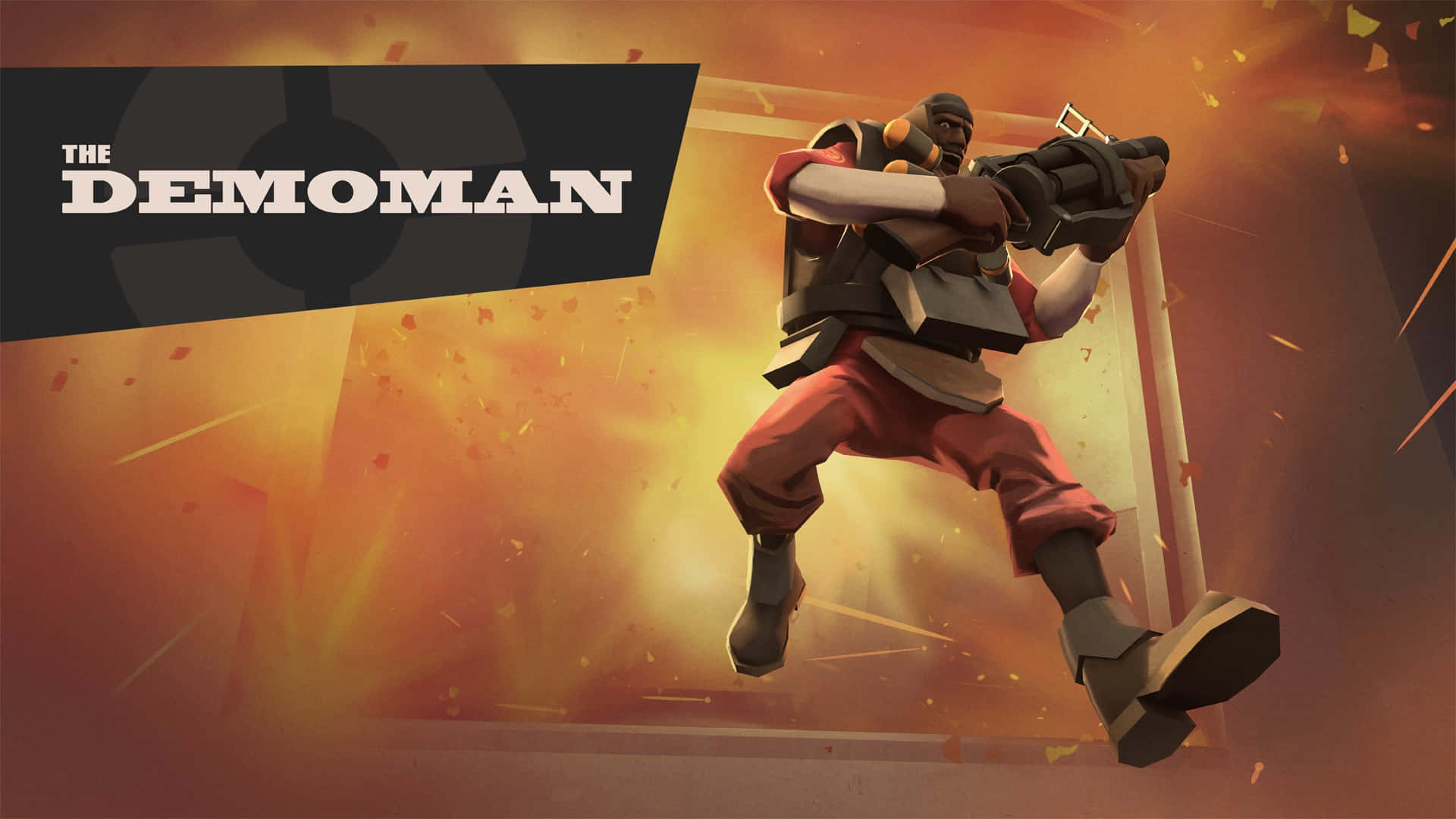 Team Fortress 2 Characters 桌布 壁紙 — 一個風格化的爆破兵角色，穿著紅色褲子和背心，在熾熱的橙色爆炸和碎片中發射榴彈發射器。