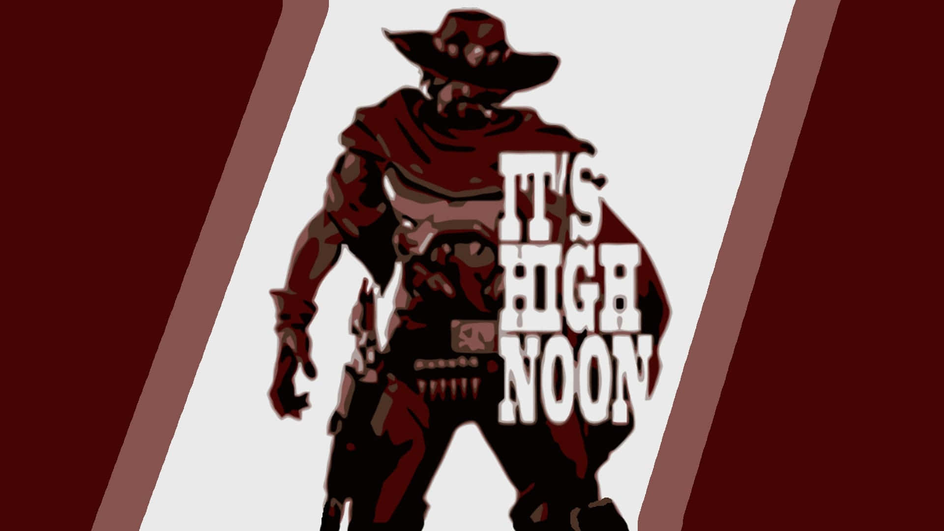 Overwatch Mccree 桌布 壁紙 — 一個風格化的牛仔剪影，帶有「IT'S HIGH NOON」文字，背景為大膽的紅白斜線設計。
