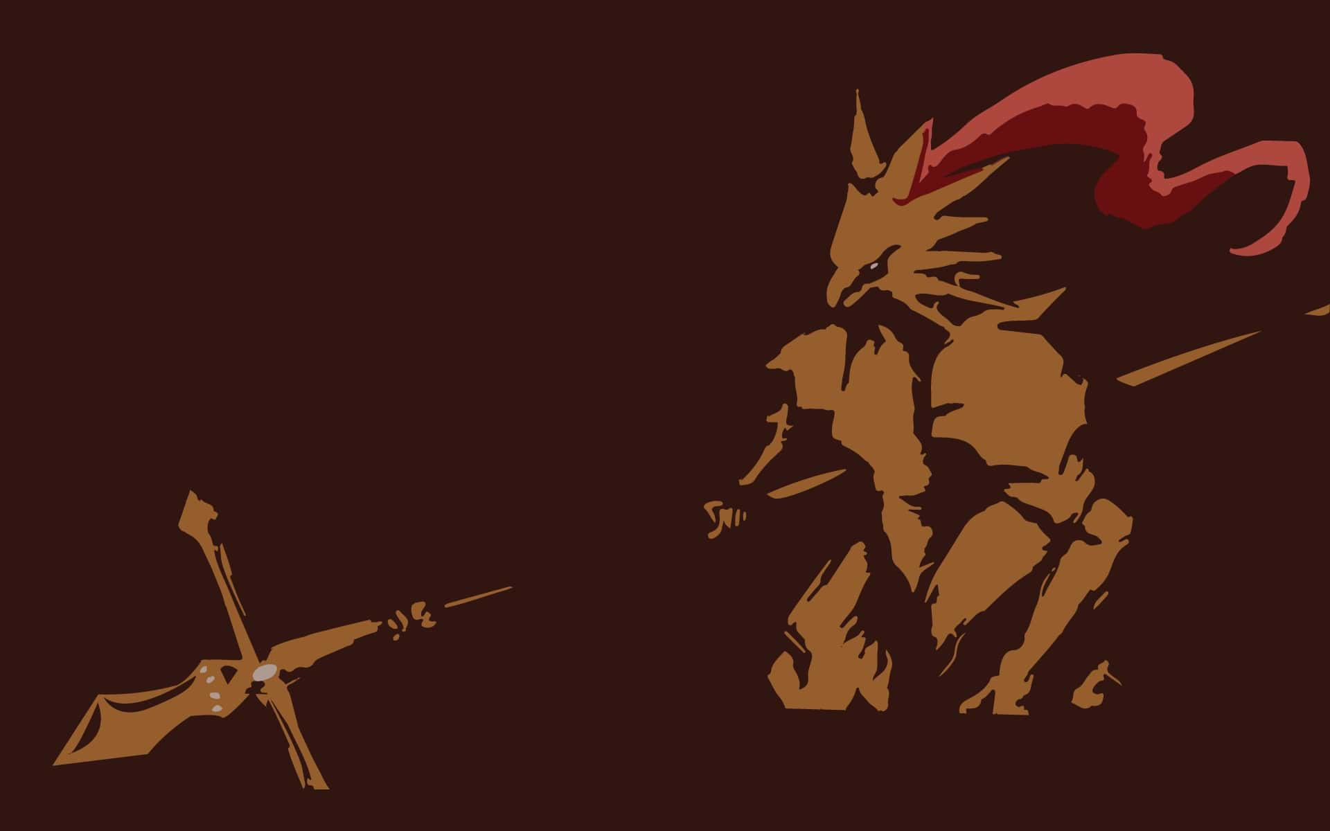 Solaire Of Astora 桌布 壁紙 — 一個風格化的狐狸戰士，有著紅色鬃毛，在深棕色背景上揮舞劍和盾牌向前衝鋒。