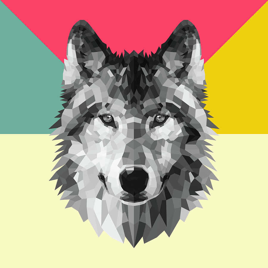 Wolf Art 桌布 壁紙 — 一個風格化的狼頭，以幾何多邊形呈現，背景為鮮豔多彩。
