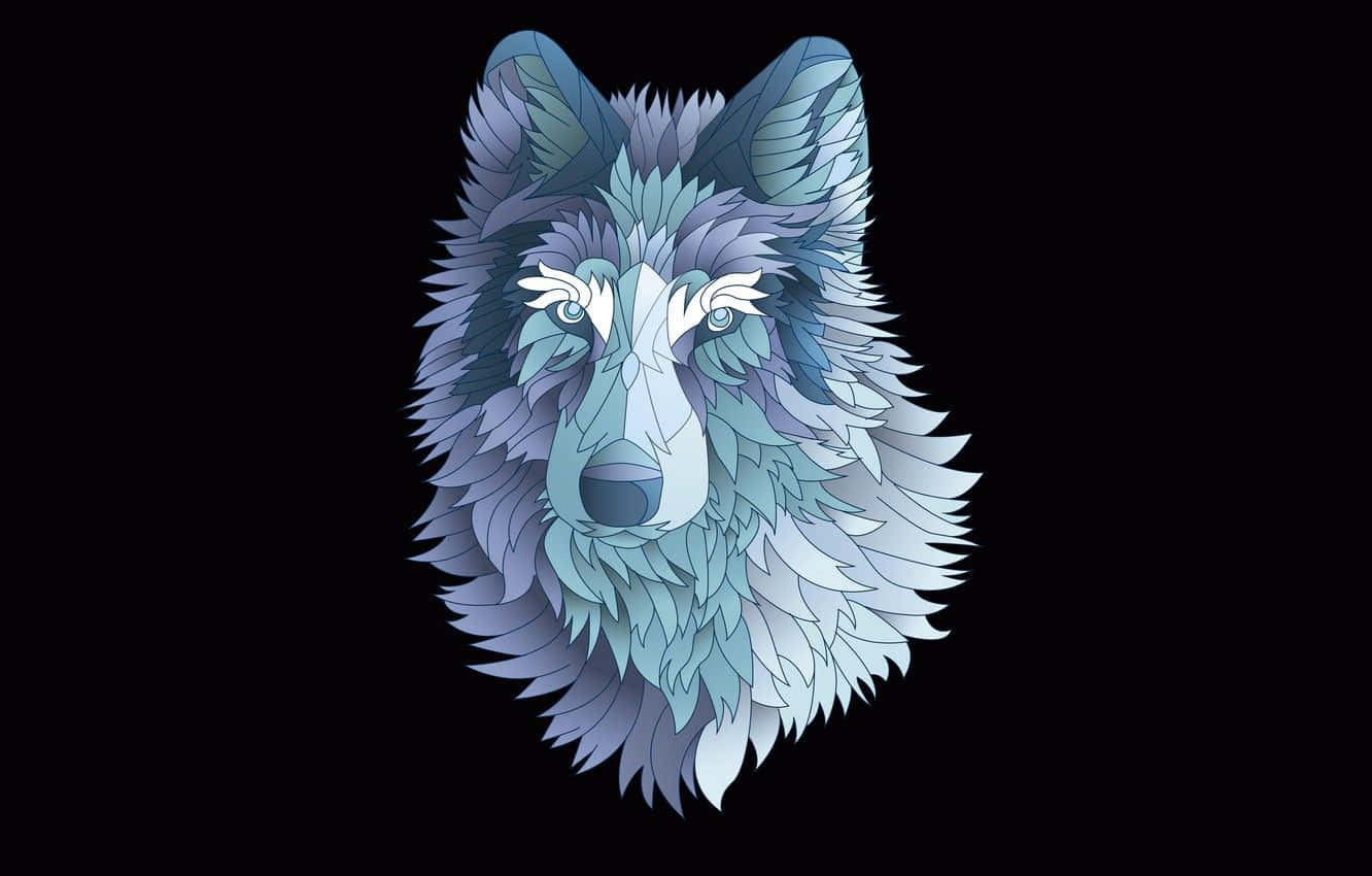 Wolf Minimalist 桌布 壁紙 — 一個風格化的狼頭，帶有層疊的藍色和白色羽毛，背景為黑色。