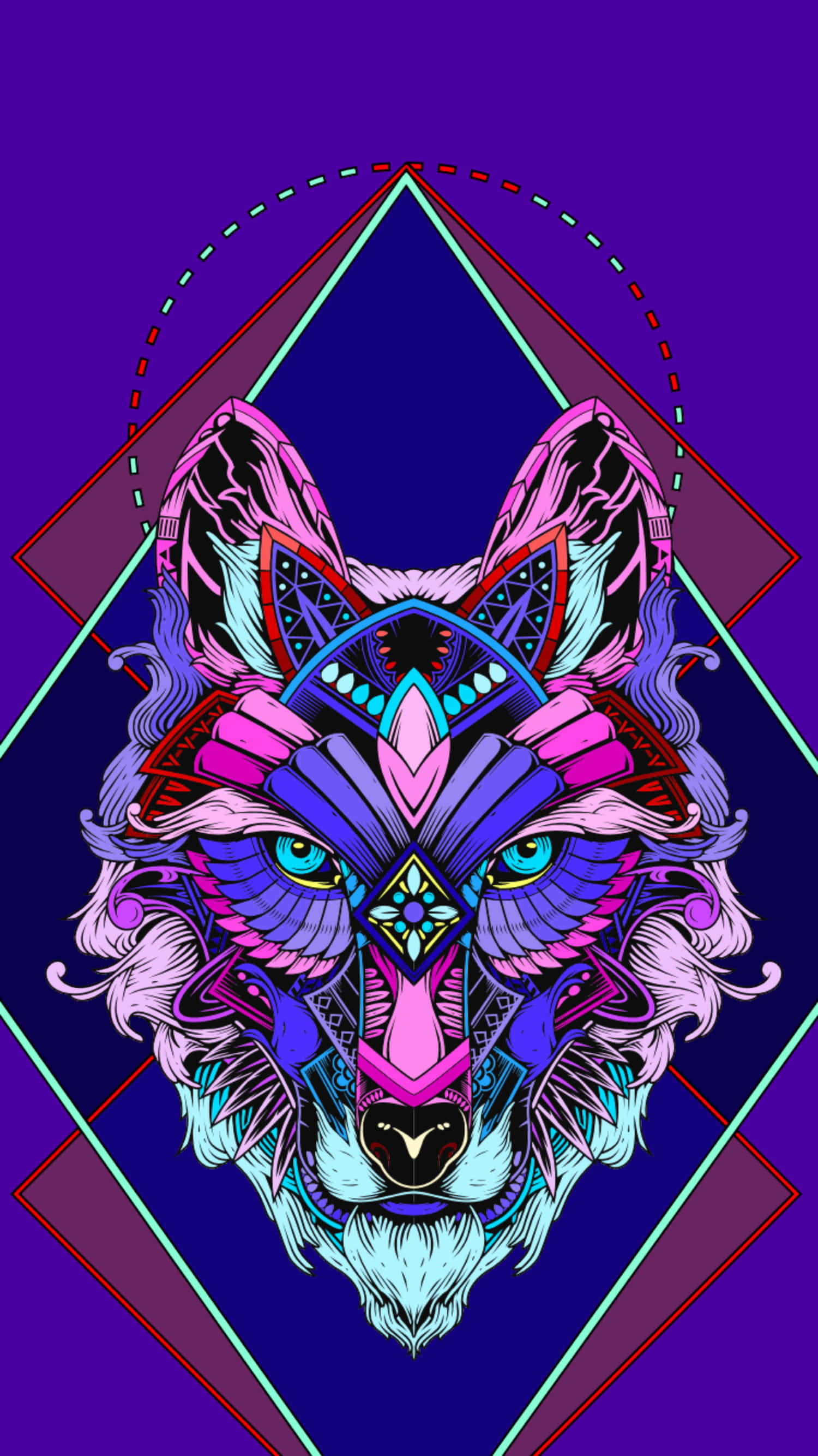 Tribal Wolf 桌布 壁紙 — 一個風格化的狼頭，帶有幾何圖案和鮮豔的霓虹色彩，置於深紫色背景上。