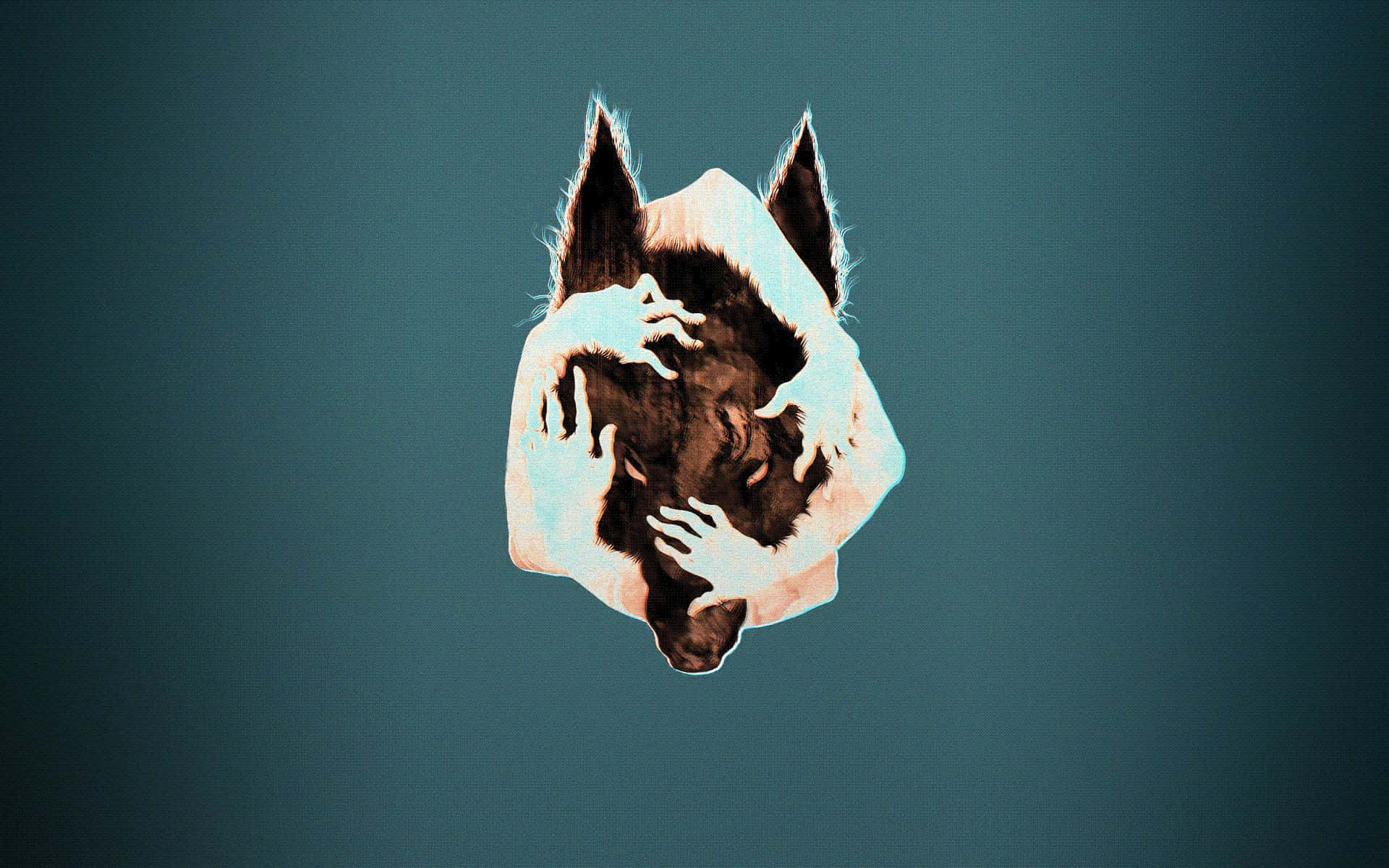Wolf Minimalist 桌布 壁紙 — 一個風格化的狼頭，帶有融化白色油漆效果，背景為青綠色。