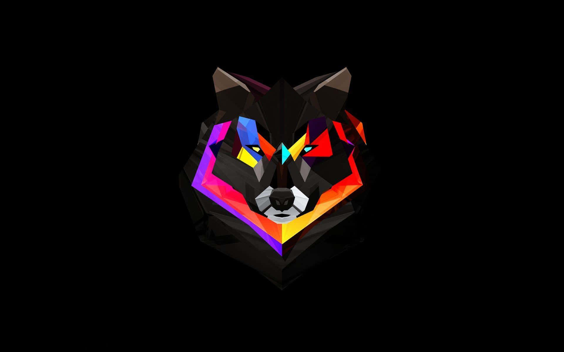 3d Wolf 桌布 壁紙 — 一個風格化的狼頭，帶有鮮豔的幾何色彩，背景為黑色。