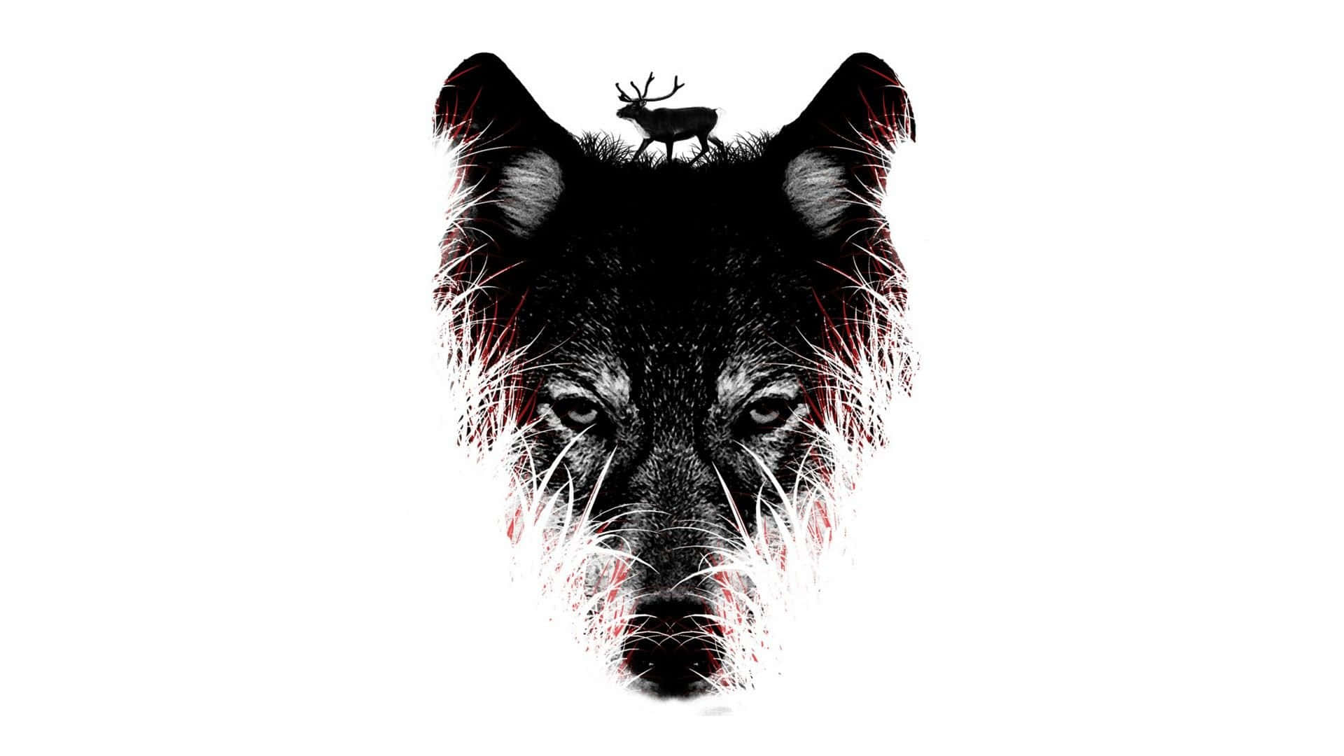 Wolf Minimalist 桌布 壁紙 — 一個風格化的狼頭，耳朵上有一隻小鹿，背景是純白色。