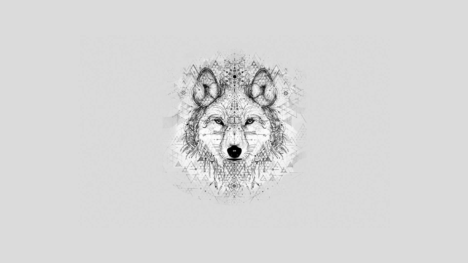 Tribal Wolf 桌布 壁紙 — 一個風格化的狼頭，飾有複雜的幾何圖案和部落圖騰，單色。