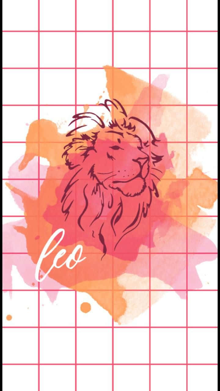 獅子 桌布 壁紙 — 一個風格化的獅子頭，以溫暖的水彩色調呈現，置於紅色網格背景上，下方寫有「Leo」字樣。