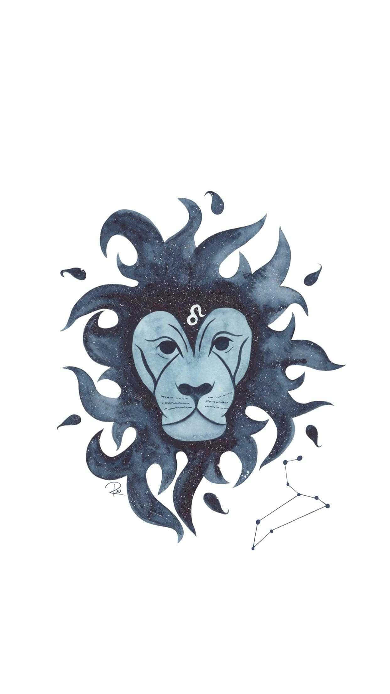 獅子 桌布 壁紙 — 一個風格化的獅子頭，帶有宇宙鬃毛和獅子座星座符號，以水彩藍色和黑色呈現。