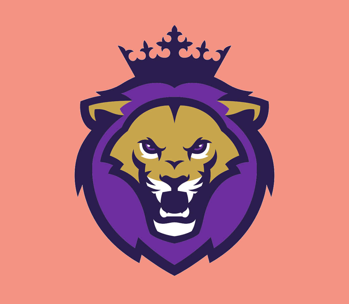 Lions 桌布 壁紙 — 一個風格化的獅子頭戴著皇冠，在純色桃色背景上以大膽的圖形設計咆哮。