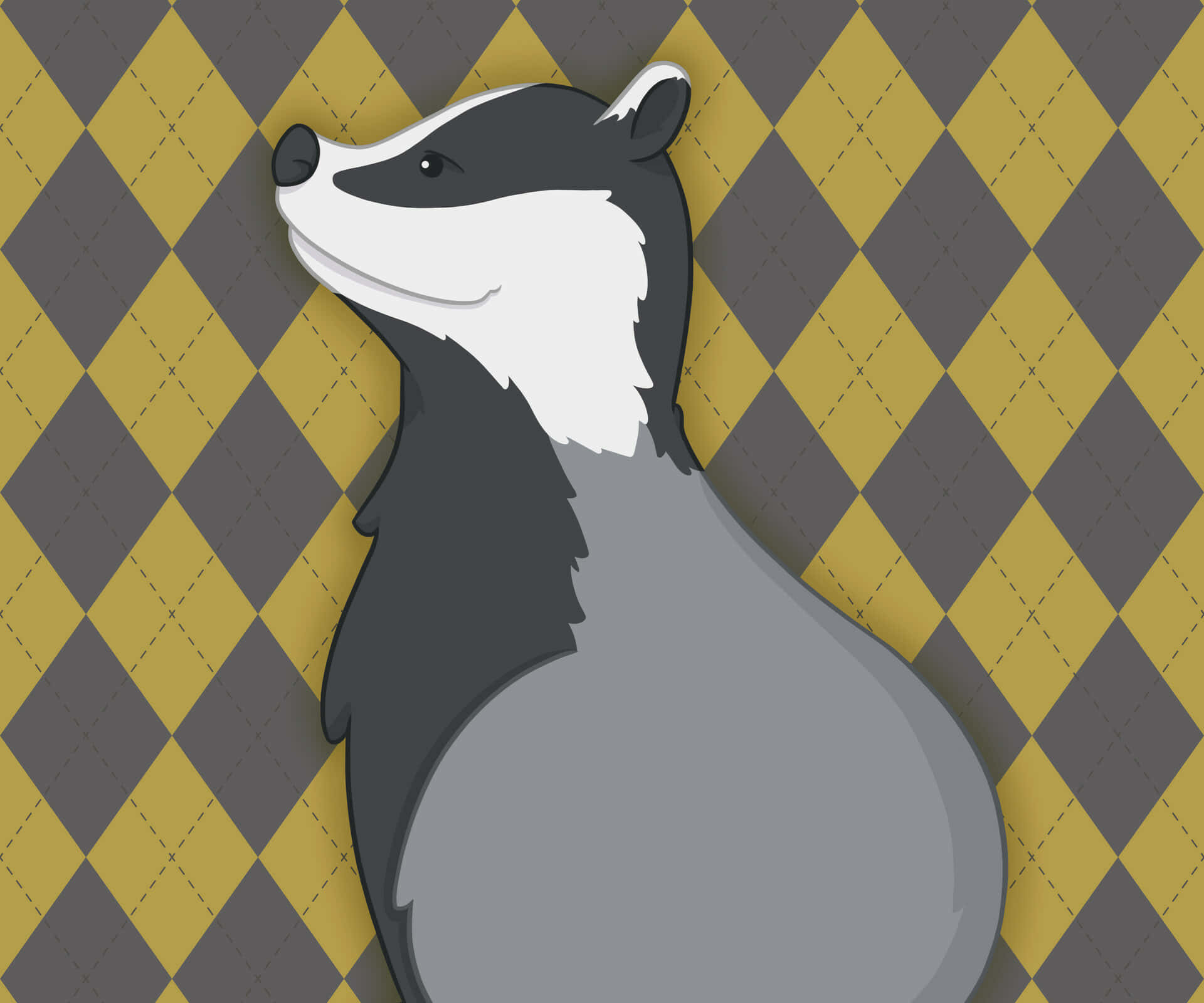 hufflepuff 桌布 壁紙 — 一個風格化的獾插圖，白色臉部和灰色身體，站在黃色和灰色菱形圖案背景前。