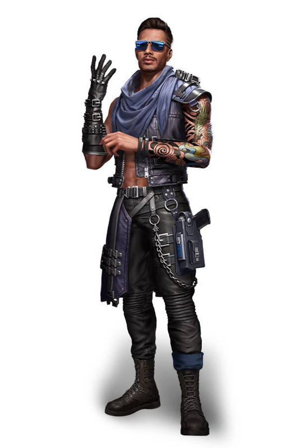 Free Fire Maro PNG 壁紙 — 一個風格化的男性角色，穿著賽博朋克裝備，帶有紋身和太陽眼鏡，在純白色背景前自信地擺姿勢。