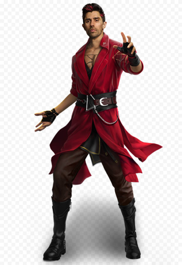 Free Fire Professor K PNG 壁紙 — 一個風格化的男性角色，身穿飄逸的紅色外套和黑色手套，在透明背景上擺出動態姿勢。