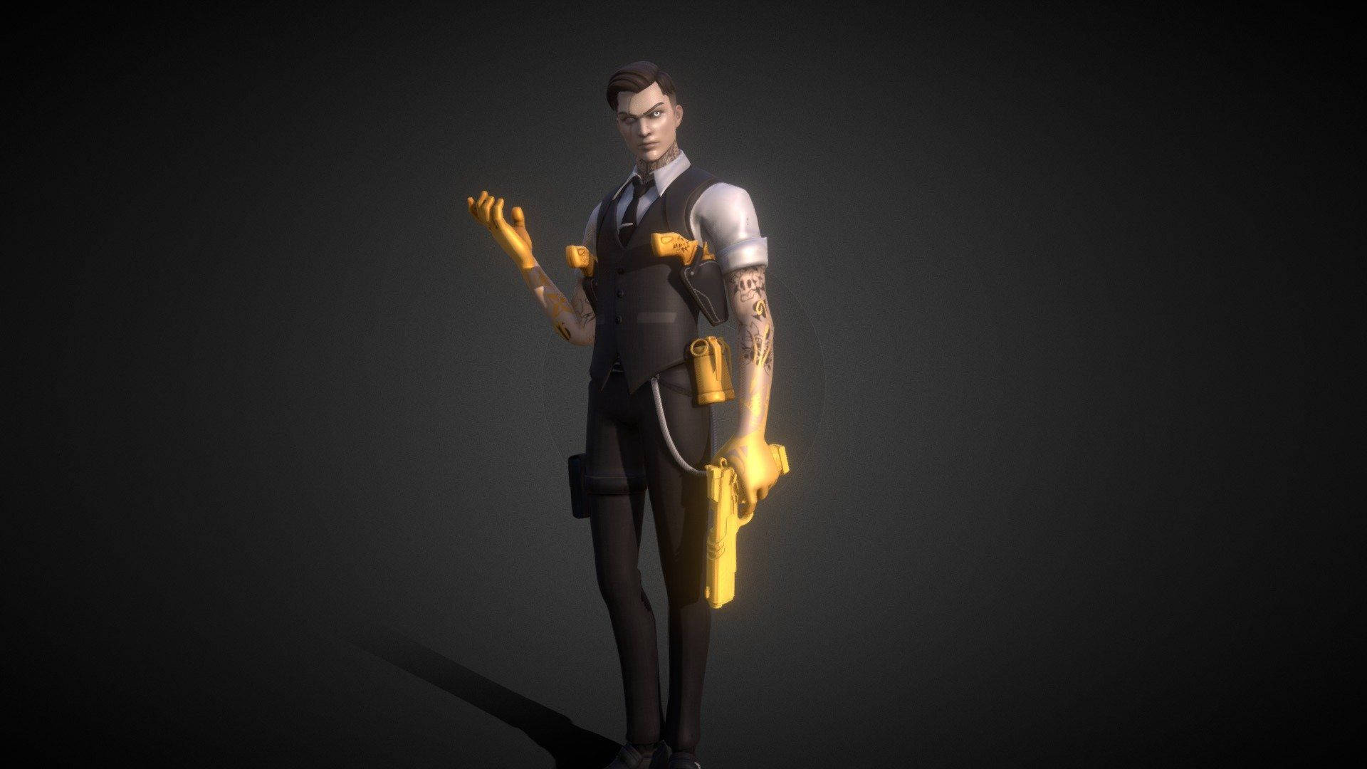 Midas Fortnite Skin Holding His Golden Pistol Gray Room 壁紙 — 一個風格化的男性角色穿著深色西裝，擁有發光的黃色機械手臂和紋身，站在漸變灰色背景前。