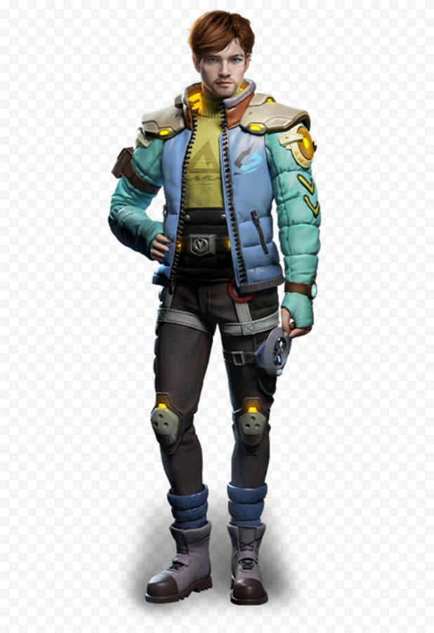 free fire 4K 桌布 壁紙 — 一個風格化的男性電子遊戲角色穿著未來風格的盔甲，自信地站在透明背景前。