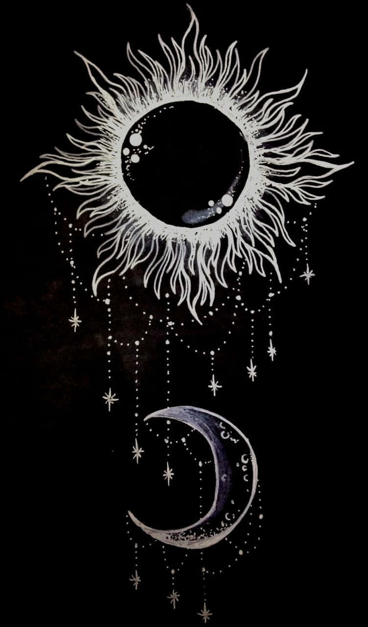 Sun And Moon Aesthetic 桌布 壁紙 — 一個風格化的白色太陽和彎月，帶有懸掛的星星，背景為黑色。