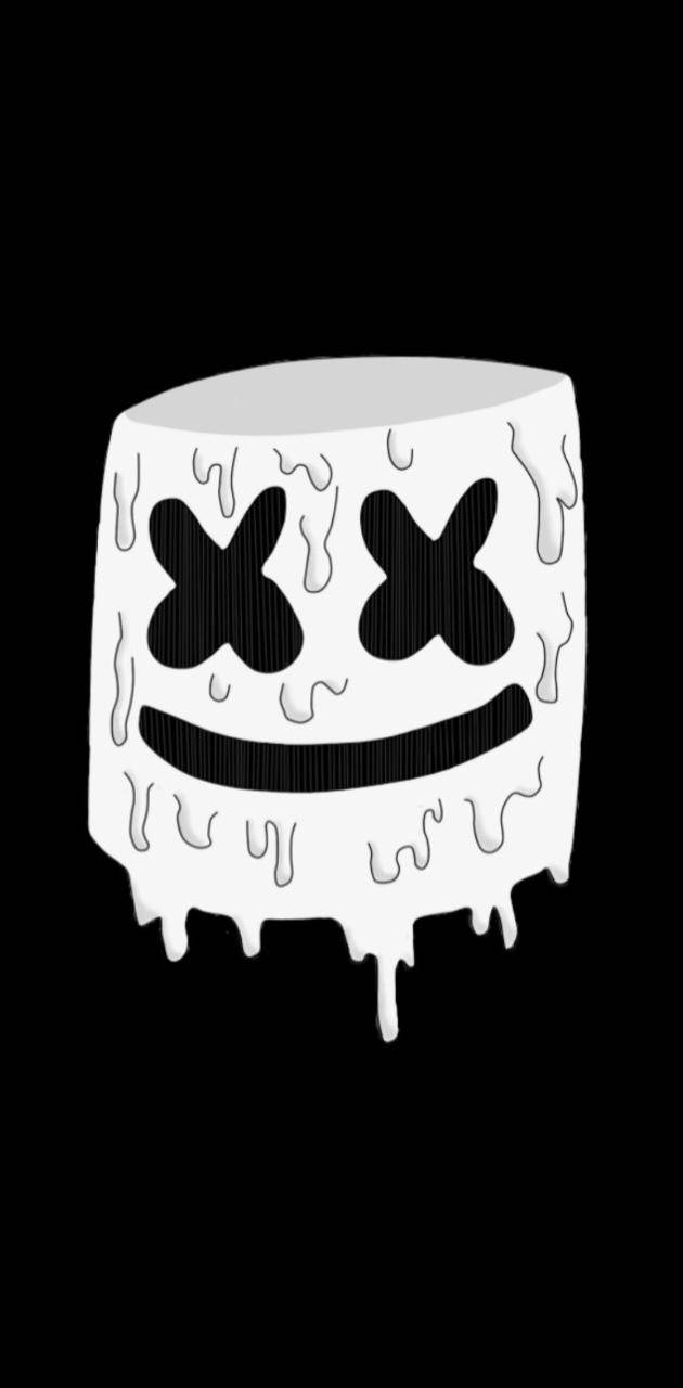 marshmello iPhone 桌布 壁紙 — 一個風格化的白色棉花糖面具，帶有黑色X形眼睛和滴落的邊緣，在純黑色背景上。