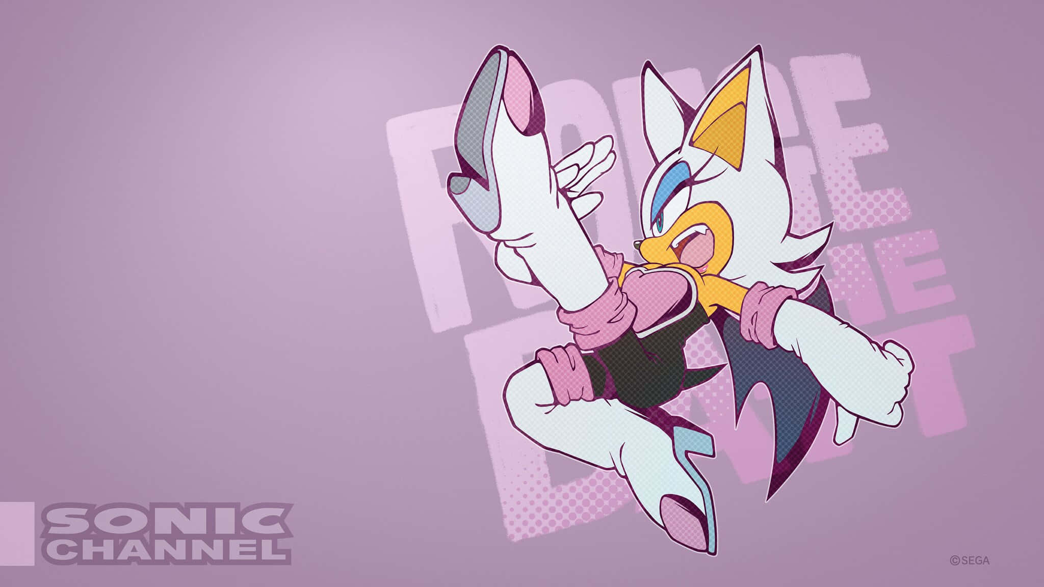 Rouge The Bat 桌布 壁紙 — 一個風格化的白色狐狸角色，穿著粉紅色和黑色的裝備，在帶有褪色文字的柔和紫色背景上動態跳躍。