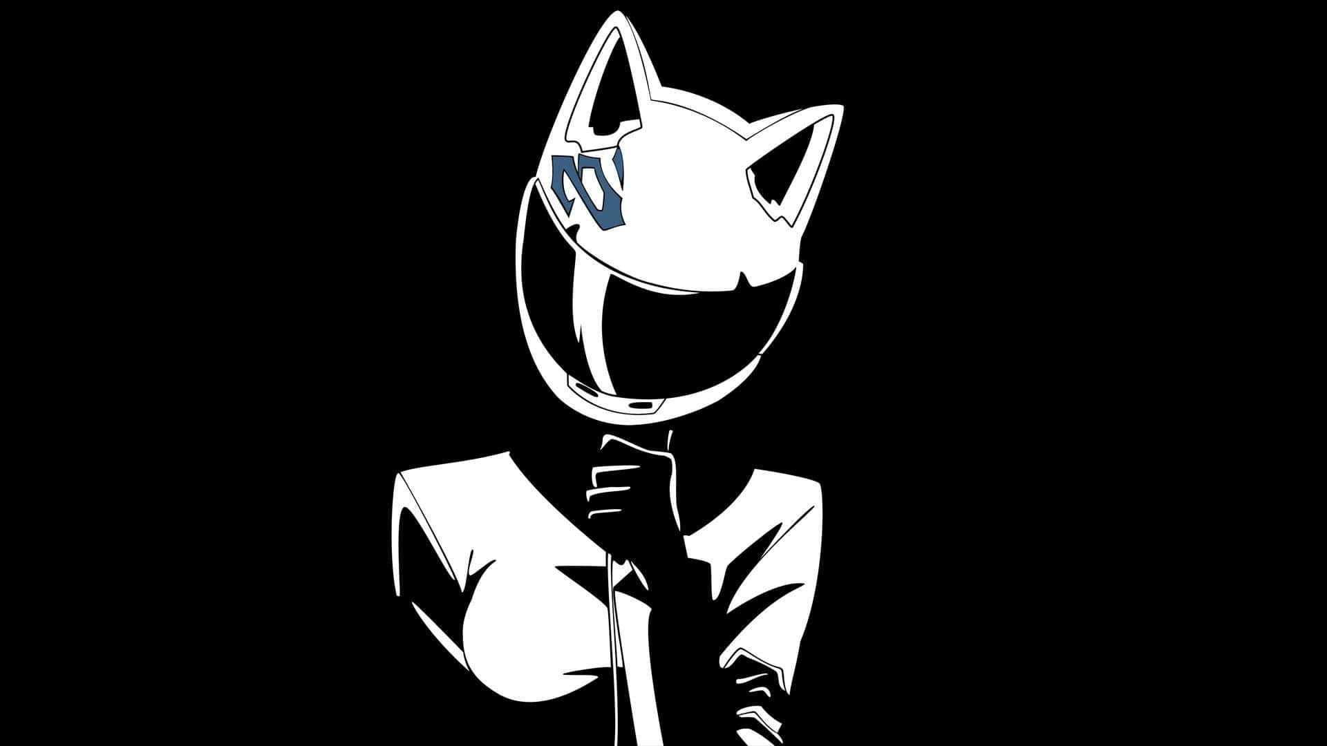 Celty Sturluson 桌布 壁紙 — 一個風格化的白色貓頭人物，戴著頭盔和套裝，站在純黑色背景前。