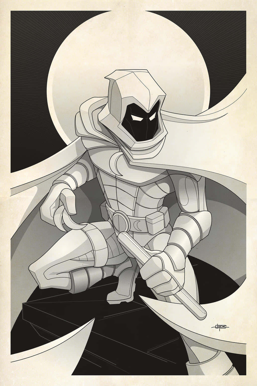 Moon Knight 桌布 壁紙 — 一個風格化的白色連帽義警，眼睛發光，披風飄逸，在月光映襯的背景下蓄勢待發。