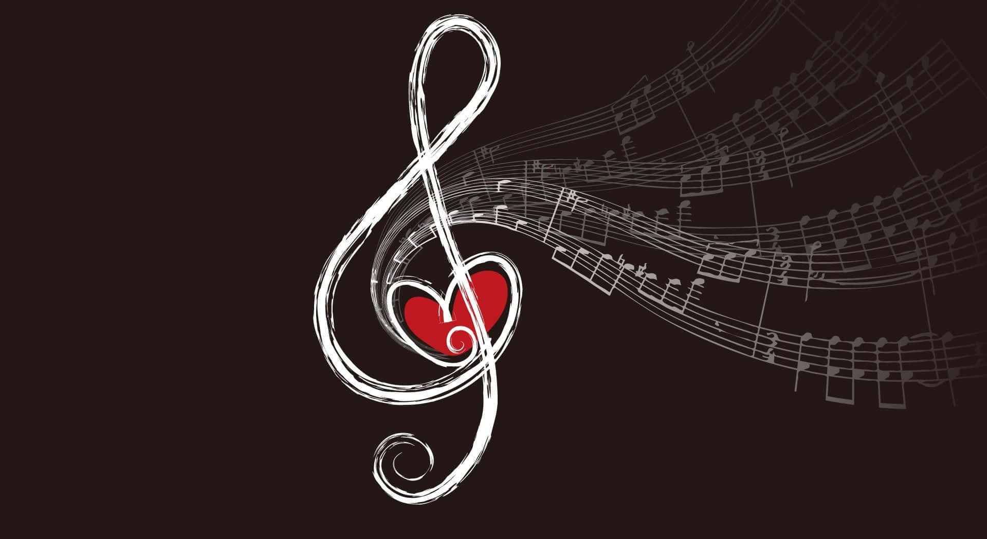 Musical 桌布 壁紙 — 一個風格化的白色高音譜號，中心有一個紅色心形，在深棕色背景上流動成旋轉的音樂音符。