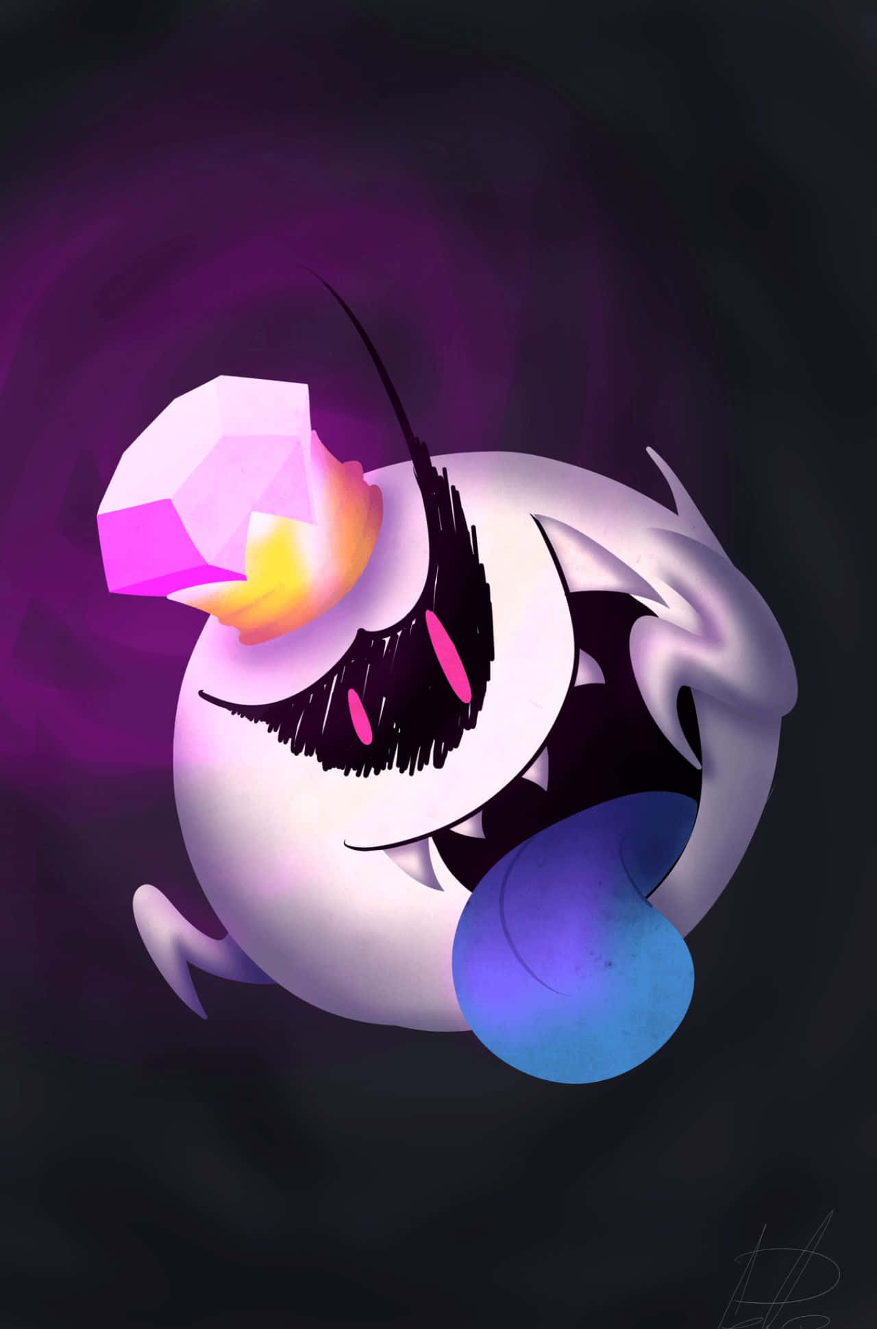 King Boo 桌布 壁紙 — 一個風格化的白色鬼魂，有粉紅色的眼睛和發光的寶石頭部，漂浮在旋轉的紫色背景上。