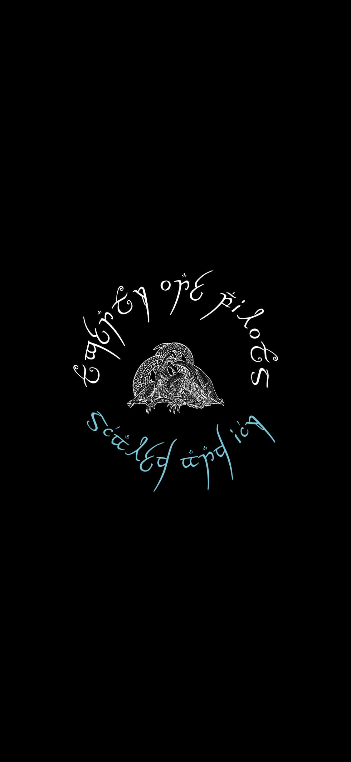 Scaled And Icy 桌布 壁紙 — 一個風格化的白色龍插圖，周圍環繞著彎曲的腳本文字，在純黑色背景上微弱發光。