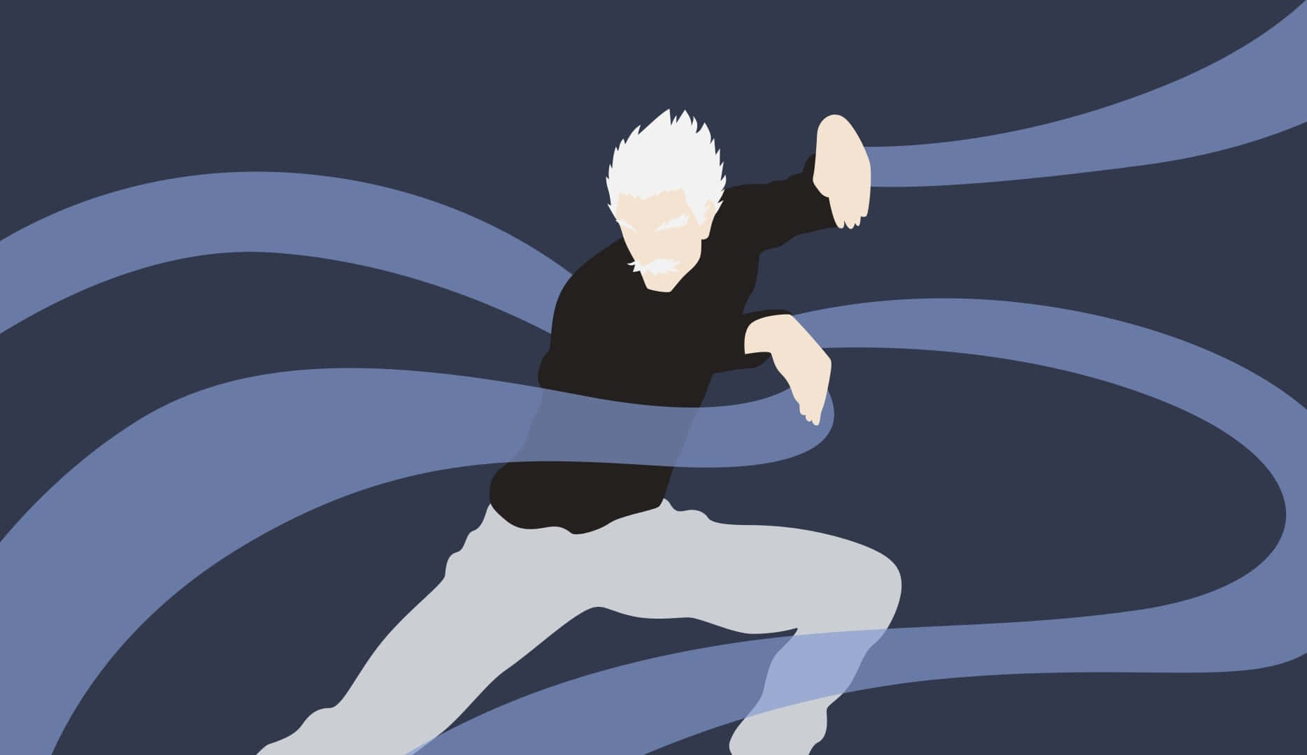 One Punch Man Bang 桌布 壁紙 — 一個風格化的白髮戰士，身穿黑色襯衫和灰色褲子，在旋轉的藍色動態線條中擺出動感姿勢。