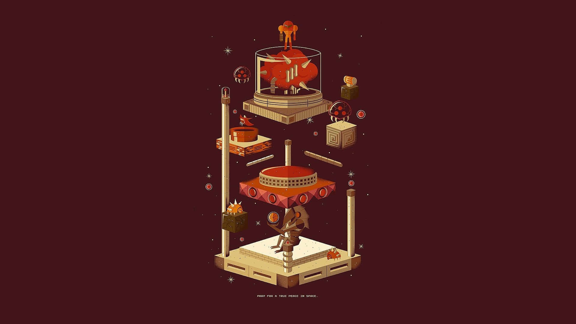 Retro Gaming 桌布 壁紙 — 一個風格化的等距插圖，描繪一個分層結構，頂部是一個玻璃圓頂內的紅色大腦，位於基座上，周圍有漂浮物體，背景為深栗色。