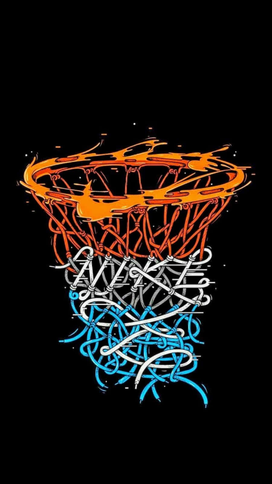 Cool Basketball 桌布 壁紙 — 一個風格化的籃球框，帶有橙色邊框和藍色網，以動態塗鴉風格的線條在黑色背景上呈現。