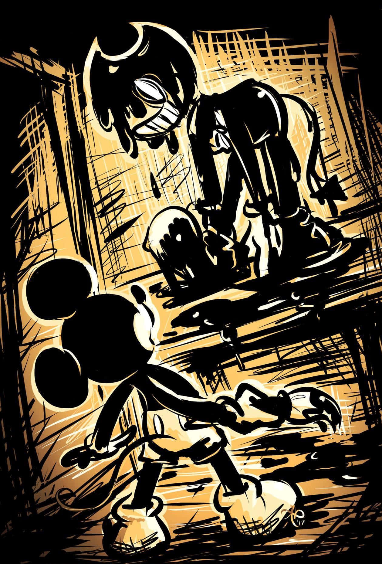 Bendy 桌布 壁紙 — 一個風格化的米奇老鼠在混亂、高對比的墨色插圖中面對一個具威脅性、扭曲的身影。