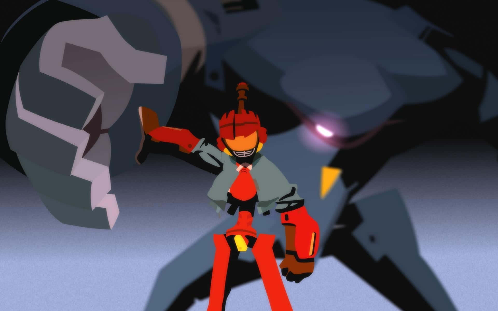Flcl Canti 桌布 壁紙 — 一個風格化的紅灰色機械人戰士在黑暗的機械背景下擺出動態姿勢。