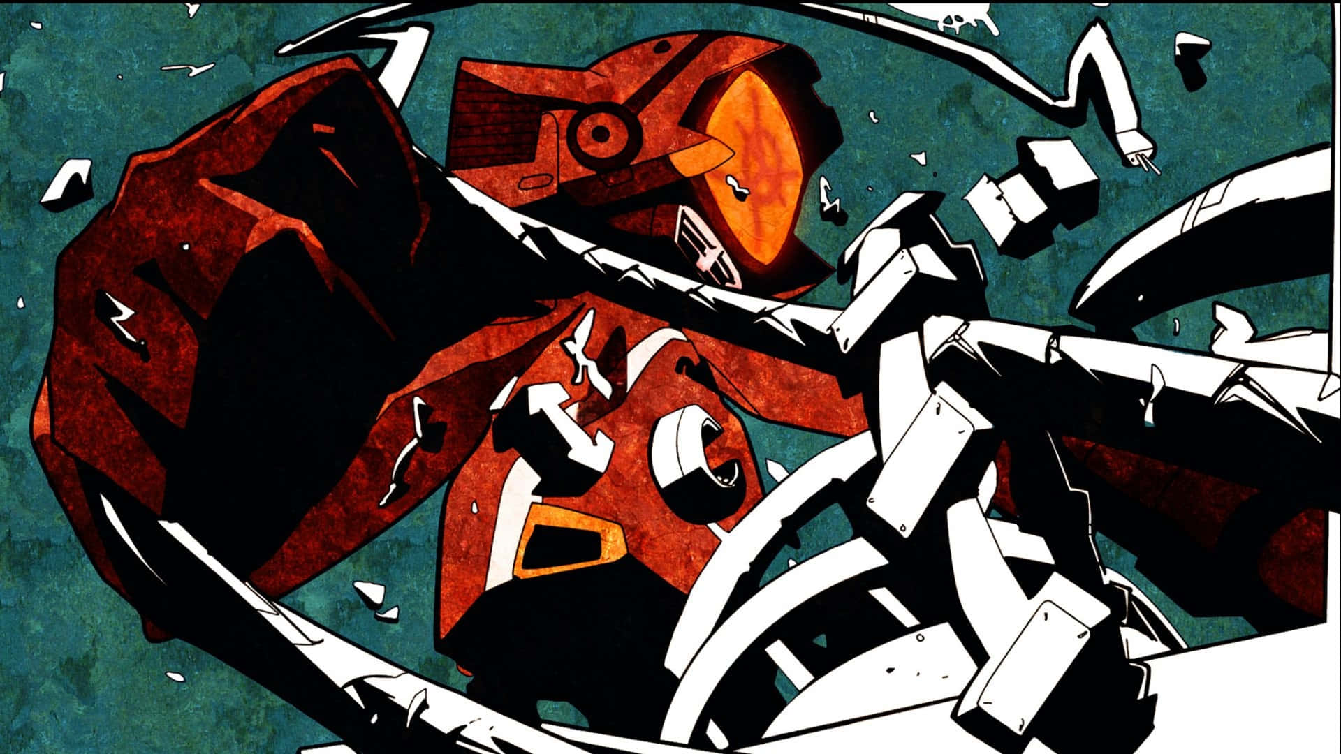 Flcl Canti 桌布 壁紙 — 一個風格化的紅白機械人碎裂，尖銳碎片在青綠色背景上飛散。