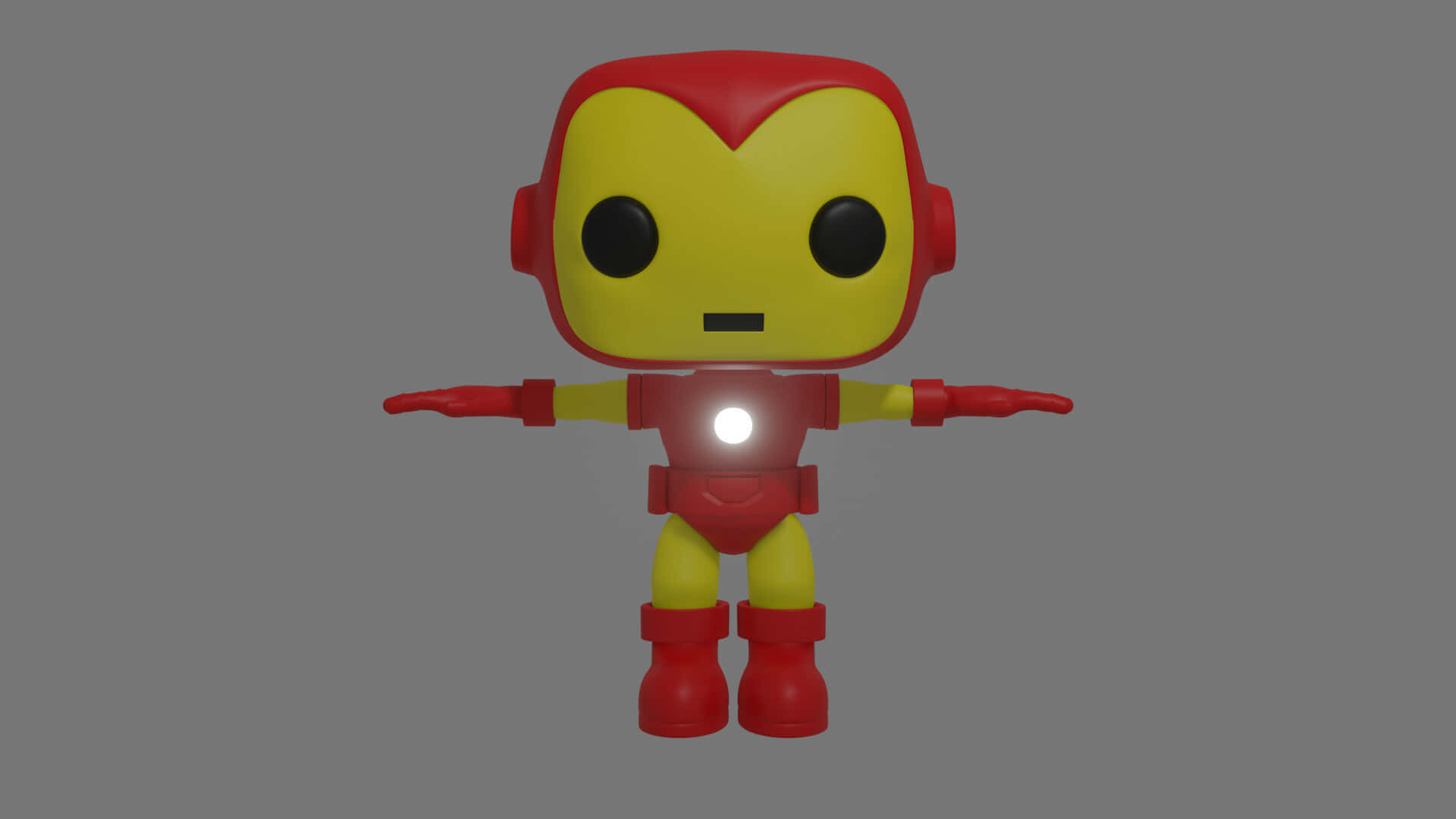 Iron Man Pop Figures 桌布 壁紙 — 一個風格化的紅色和黃色鐵甲奇俠Funko Pop人偶，雙臂張開，站在純灰色背景前。