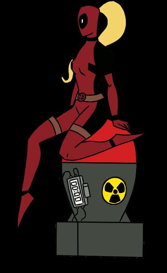 Deadpool And Lady Deadpool 桌布 壁紙 — 一個風格化的紅色和黑色死侍角色，戴著黃色新月形髮飾，坐在黑色背景的放射性桶上。