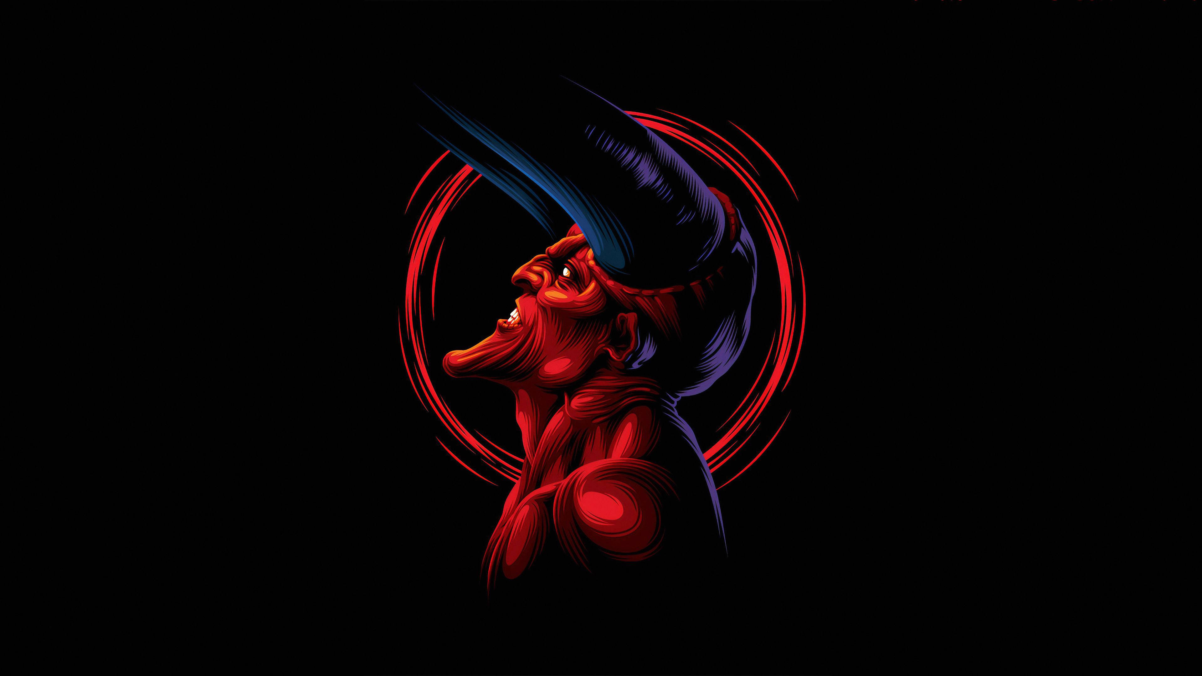 惡魔 桌布 壁紙 — 一個風格化的紅色魔鬼，帶有藍色角和旋轉的紅色環，背景為黑色。