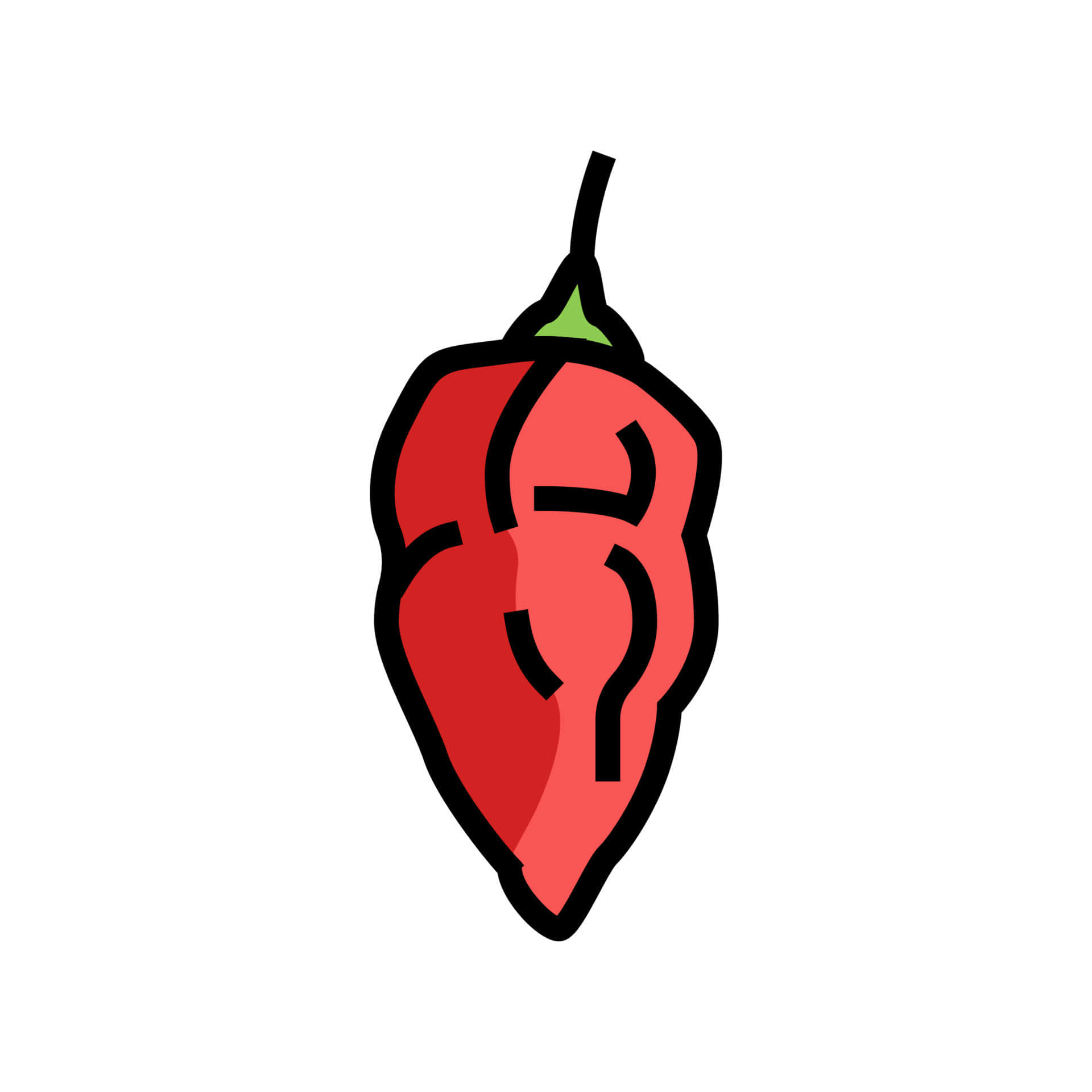 Ghost Pepper 桌布 壁紙 — 一個風格化的紅辣椒，帶有綠色莖，在純白色背景上用粗黑線勾勒。
