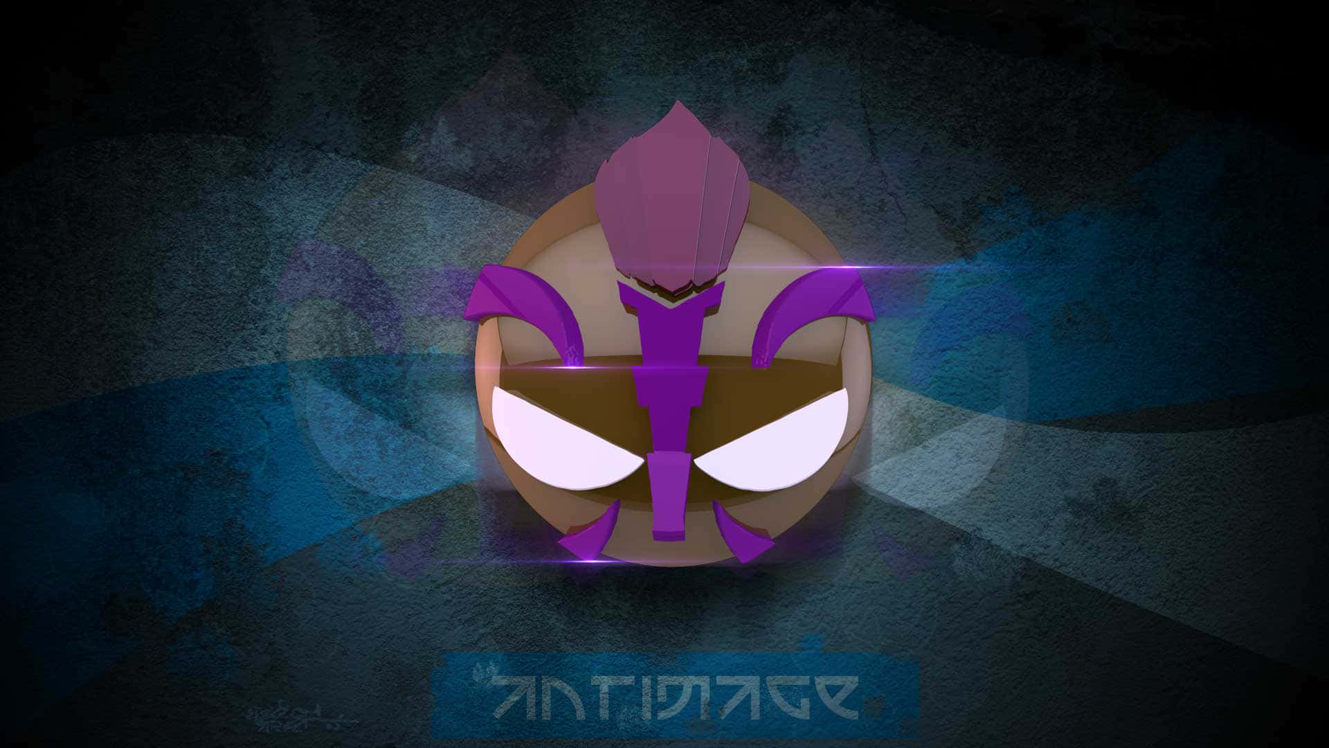 Anti-mage 桌布 壁紙 — 一個風格化的紫色和金色面具，帶有發光的白色眼睛，在深色紋理藍色背景上發光。