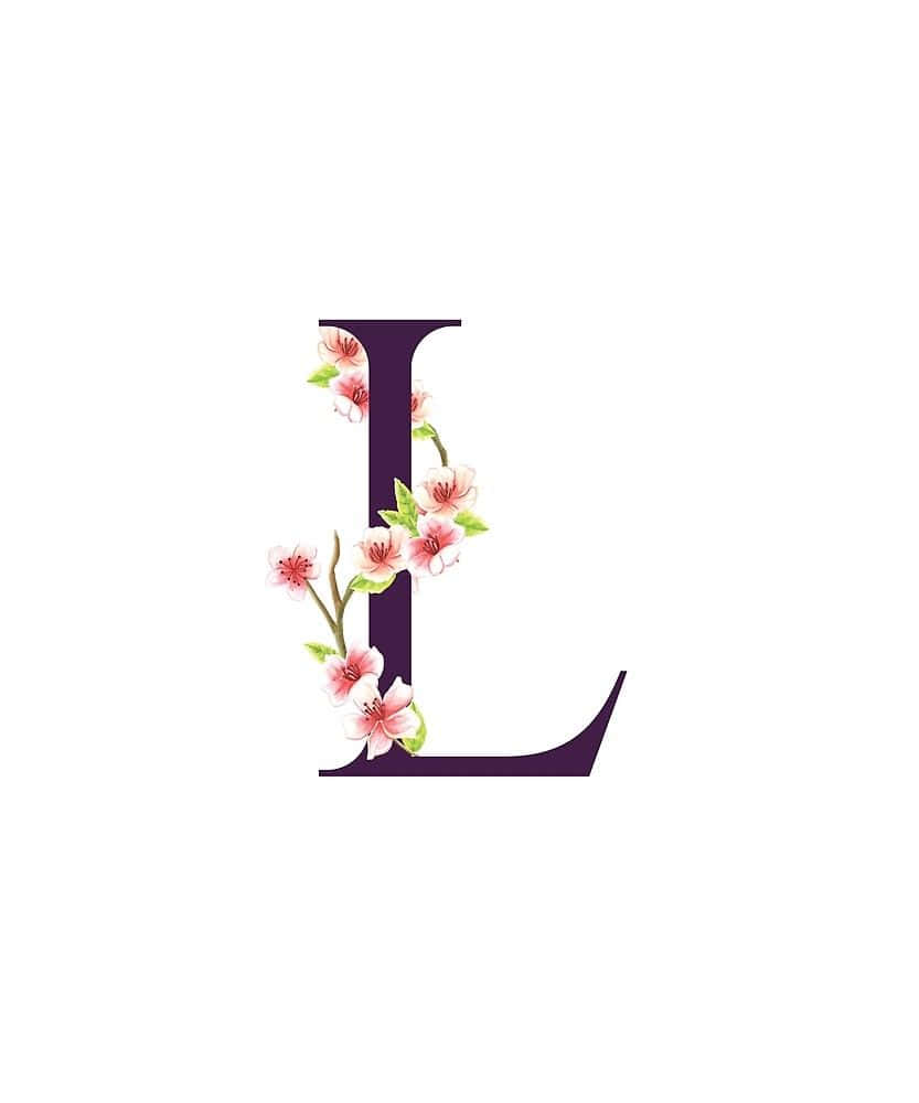 L 桌布 壁紙 — 一個風格化的紫色字母L，點綴著精緻的粉紅色櫻花和綠色葉子，背景為純白色。