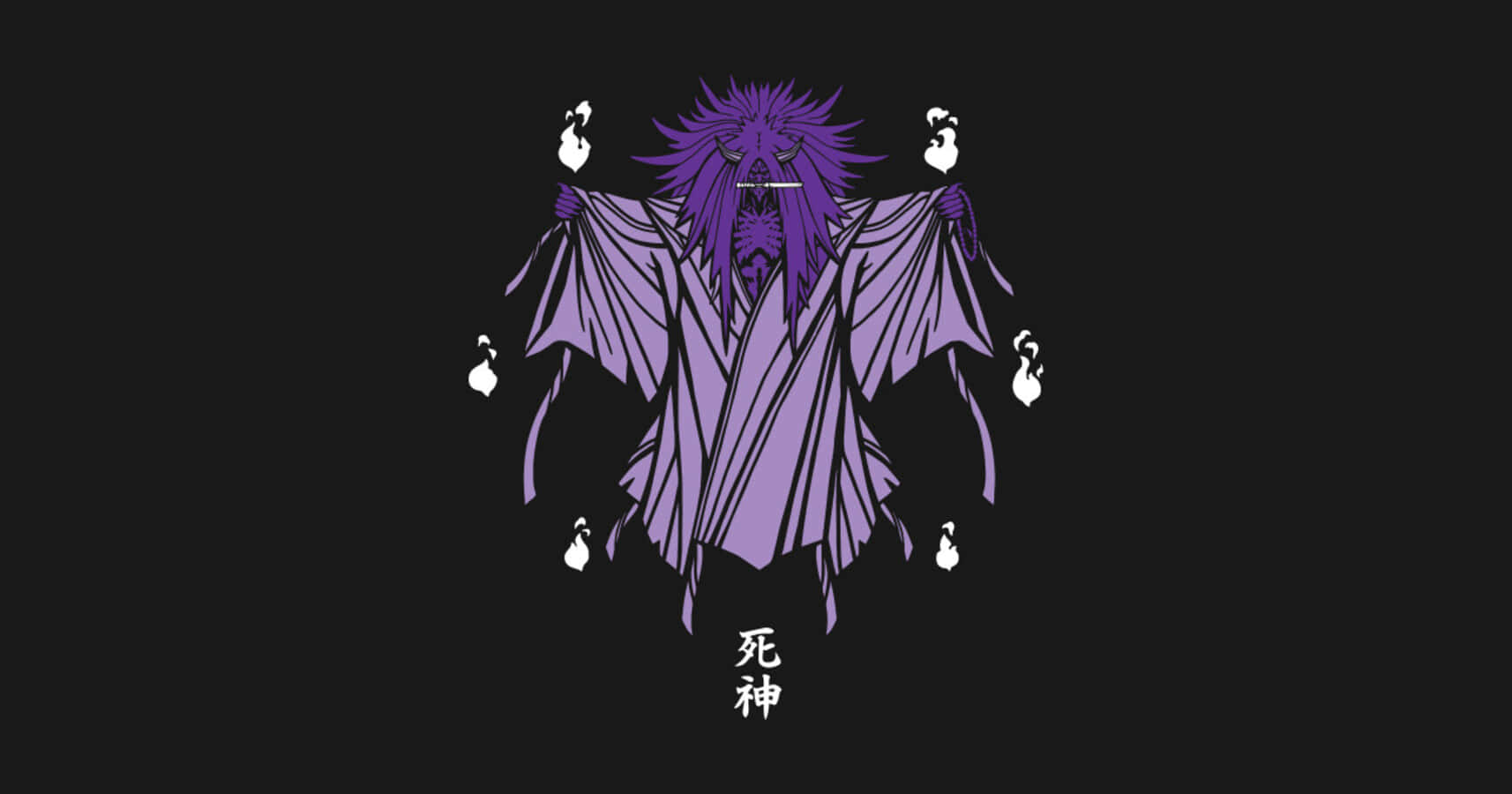 Reaper Death Seal 桌布 壁紙 — 一個風格化的紫色死神，有著尖刺頭髮和飄逸長袍，站在黑色背景前，背景中有漂浮的白色靈魂和日本漢字。