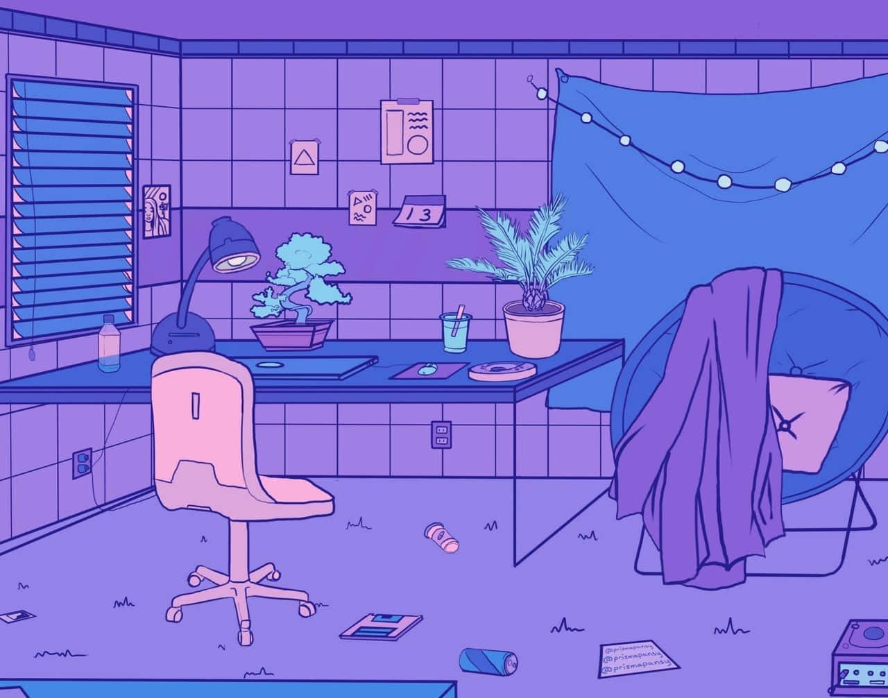 Soft Girl Aesthetic 桌布 壁紙 — 一個風格化的紫色調臥室，配有一張書桌椅、一盆盆栽植物，以及在昏暗燈光下散落的雜物。