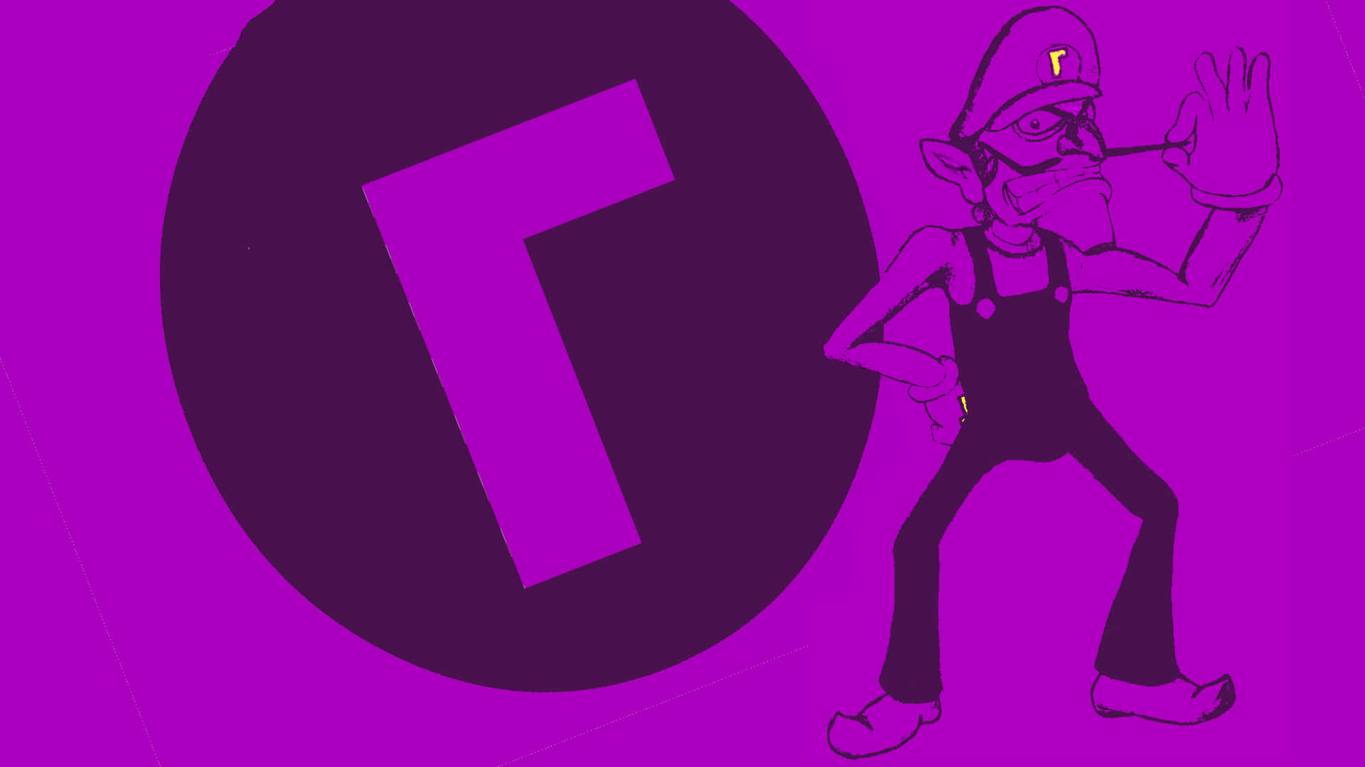Waluigi 桌布 壁紙 — 一個風格化的紫色路易吉角色在充滿活力的洋紅色背景上，在一個大的紫色「G」標誌旁邊揮手。