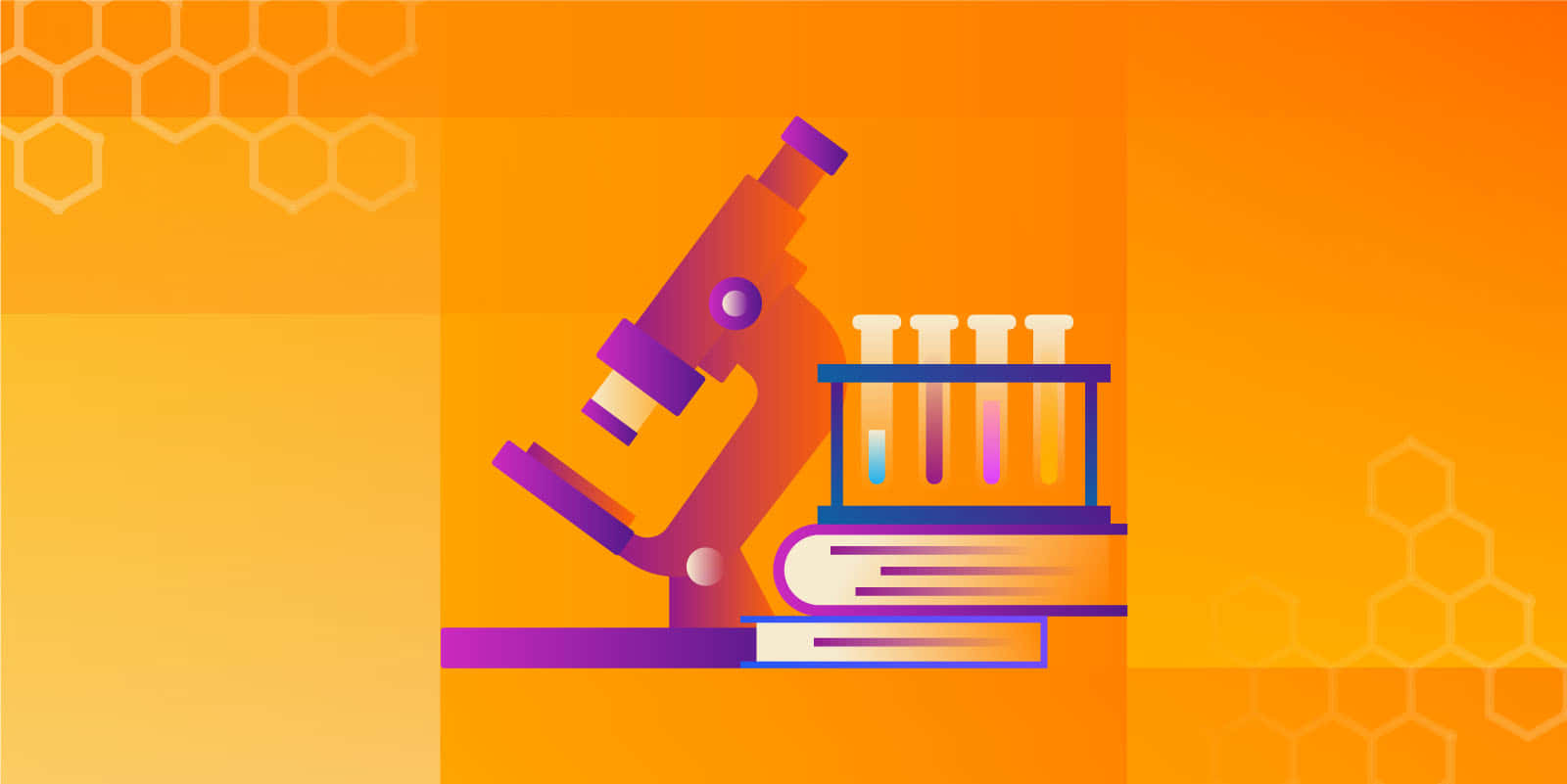 Chemistry 桌布 壁紙 — 一個風格化的紫色顯微鏡和試管放在書本上，背景是帶有六邊形圖案的溫暖橙色漸變。